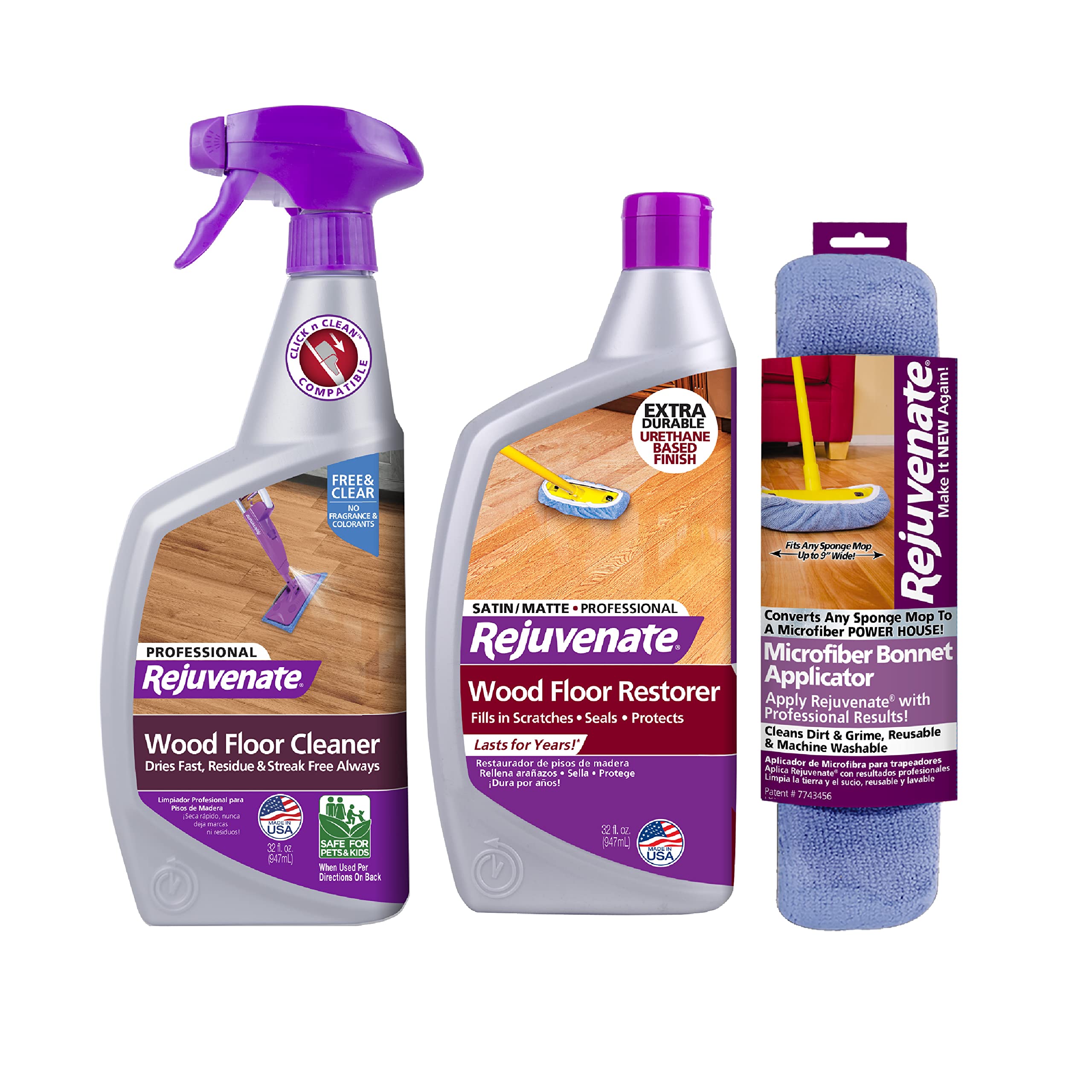 Rejuvenate Professional Wood Floor Cleaner & Restorer - High Gloss Finish with Microfiber Bonnet Applicator | Perfect for Hardwood, Laminate & Engineered Floors | Home & Office Floor Care Solution