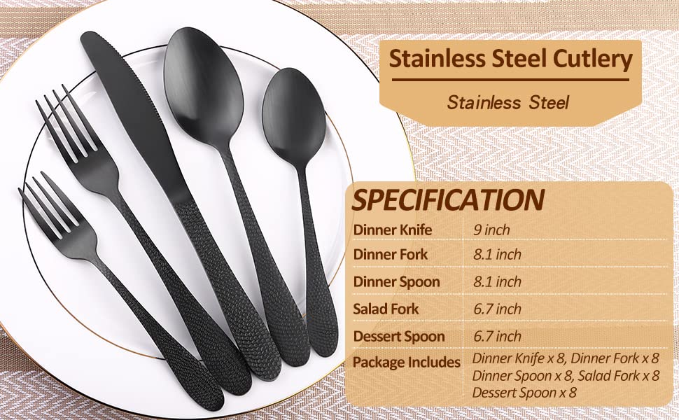 Matte Black Hammered Silverware Set for 8 - SANLUNS 40-Piece Modern Flatware Set with Stainless Steel Cutlery (Knives, Forks, Spoons) - Dishwasher Safe Fine Dining Utensils for Restaurants, Weddings & Elegant Dinner Parties