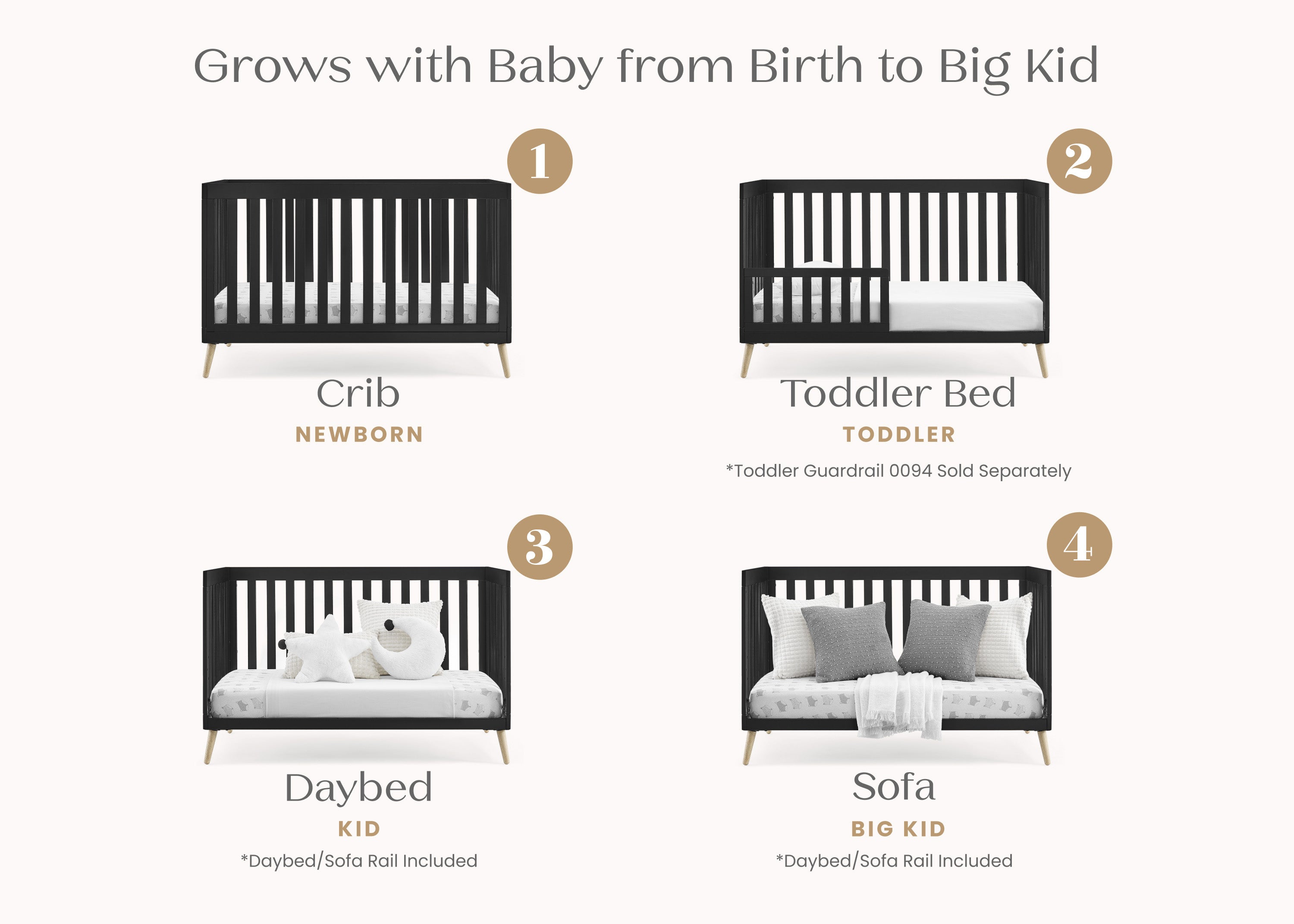 Essex 4-in-1 Convertible Baby Crib - Toddler Bed, Daybed & Full-Size Bed Conversion - Safe Nursery Furniture for Newborns & Kids - Perfect for Bedrooms, Daycare & Guest Rooms