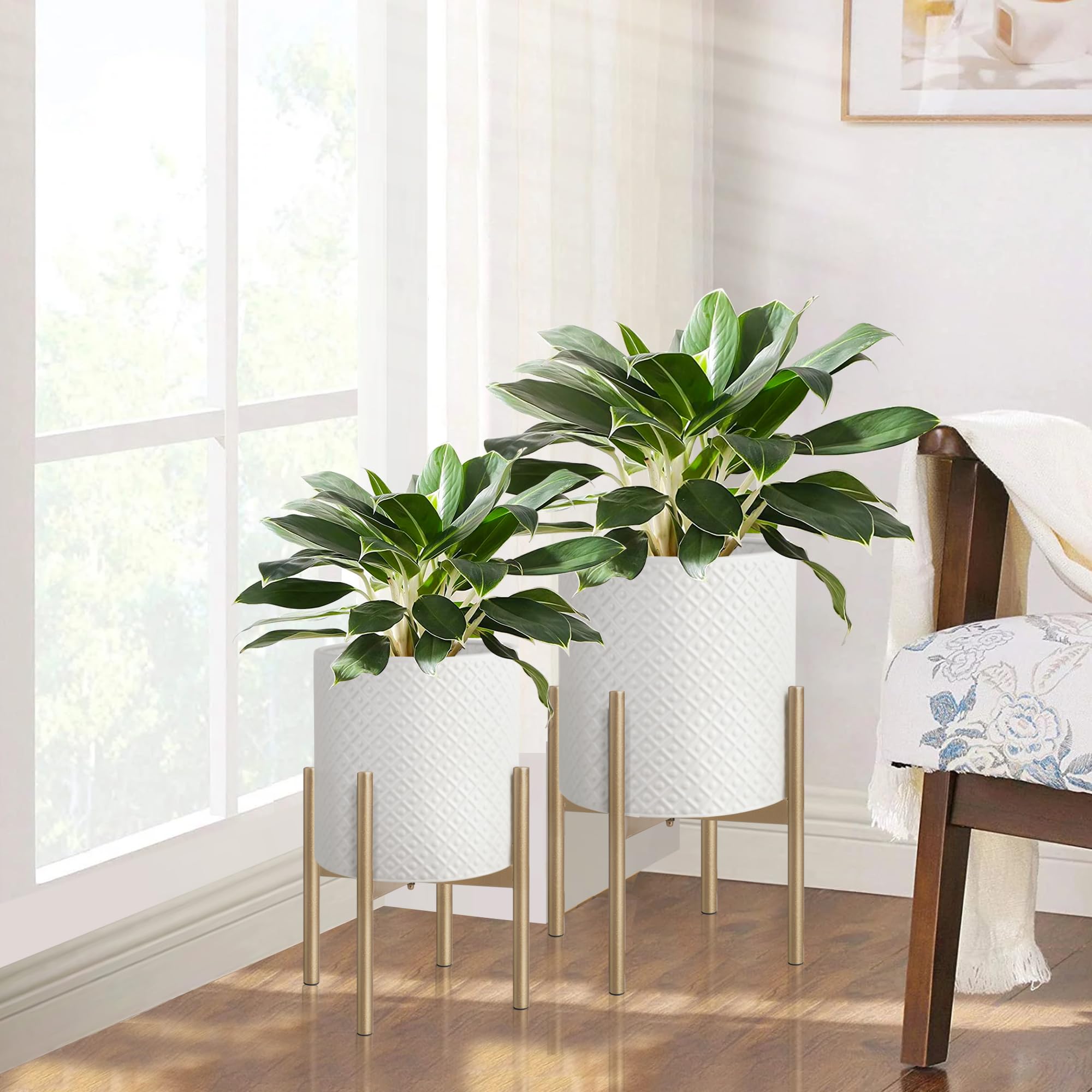 Oakrain Mid Century Modern Planters - Set of 2 Metal Indoor Plant Pots with Gold Stands (10