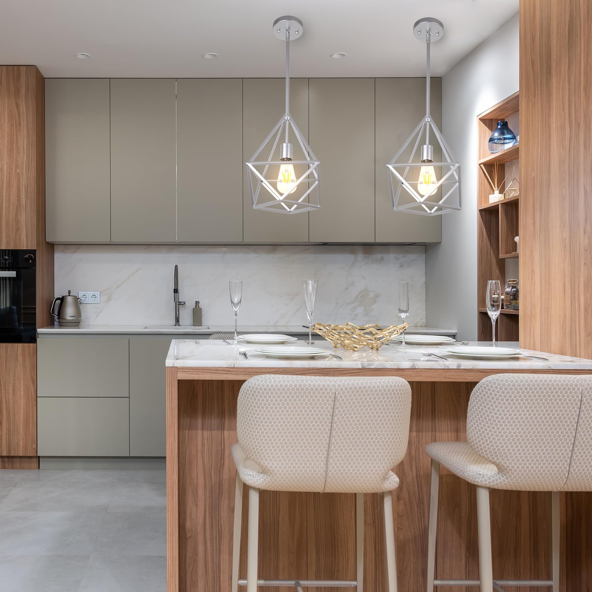 Modern Geometric Pendant Light - Adjustable Silver Hanging Light Fixture for Kitchen Island, Dining Room, Foyer & Entryway | Open Cage Design with 1 Light & Adjustable Cord | Perfect for Contemporary Home Decor & Restaurant Lighting