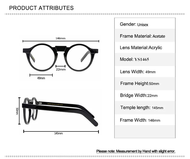 Black Unisex Full Rim Acetate Round Eyeglasses 1465 - Stylish & Comfortable Glasses for Men & Women - Perfect for Reading, Work, and Everyday Wear
