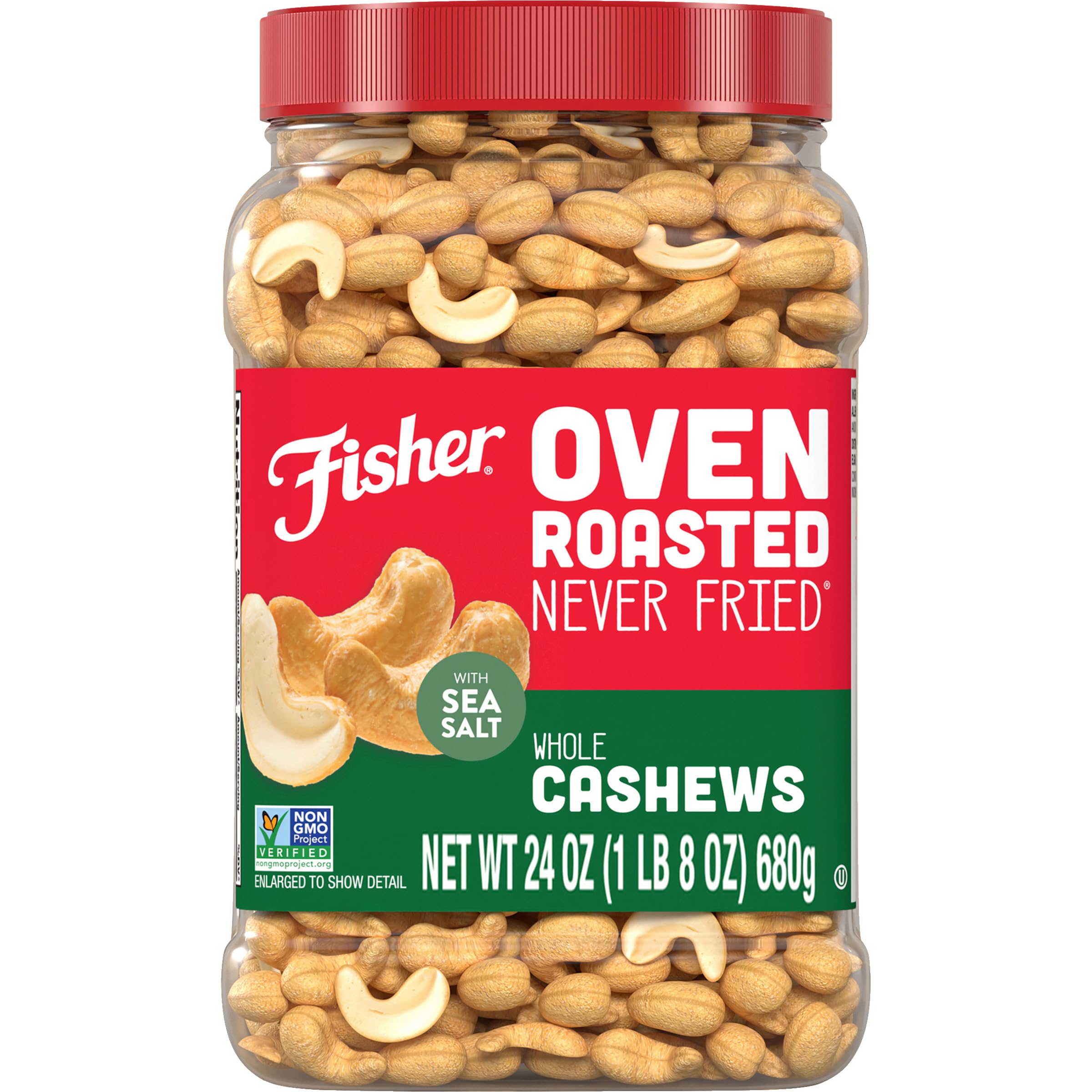 Fisher Oven Roasted Never Fried Whole Cashews, 24oz (Pack of 1) – Healthy Snacks for Adults with Sea Salt, No Added Oils, Gluten Free, Vegan Protein – Perfect for Office Snacks, Travel, Hiking & Gift Giving