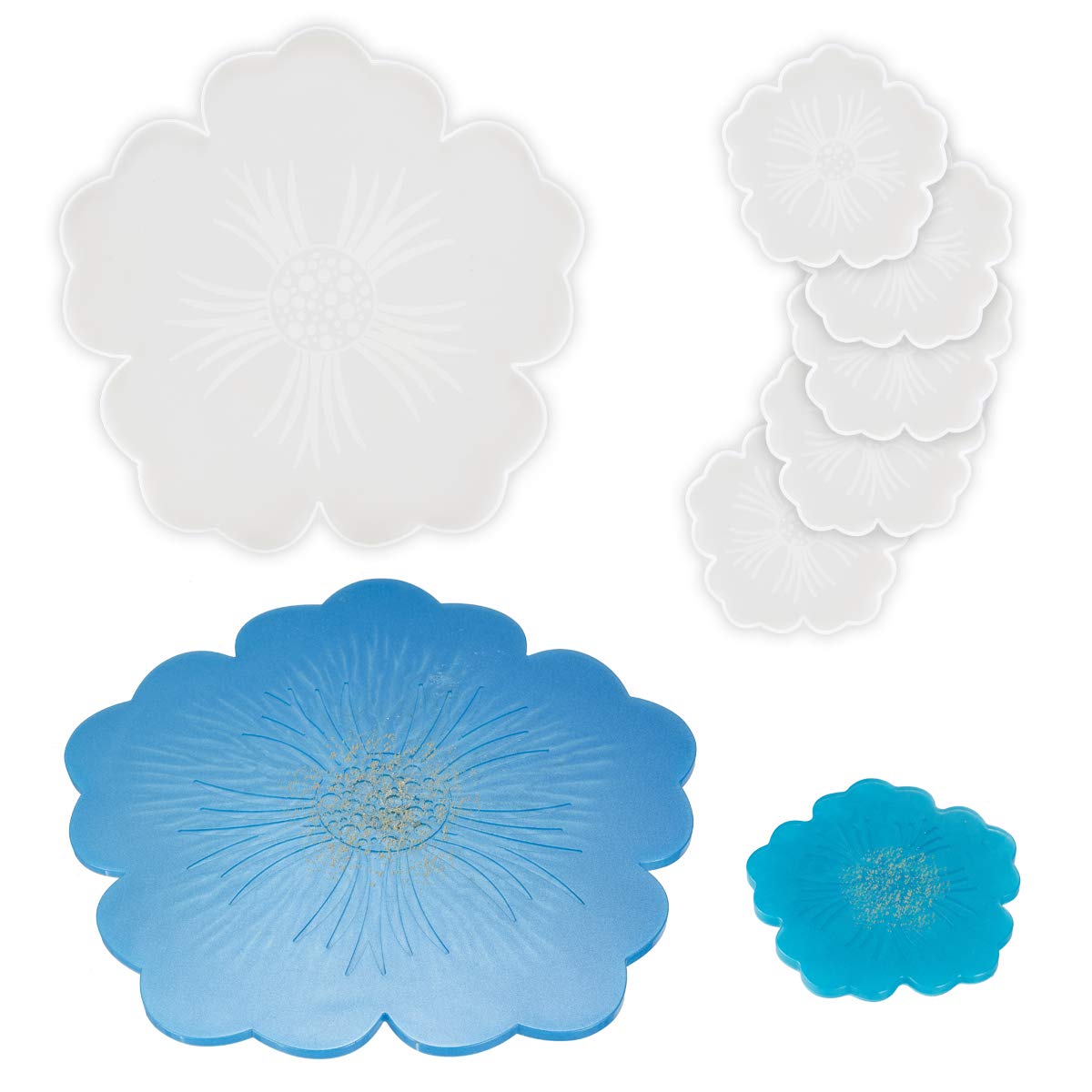 6-Pack Flower Shaped Resin Molds Set - Large Silicone Tray & Small Coaster Molds for DIY Epoxy Resin Casting with Dried Flowers | Perfect for Home Decor, DIY Gifts, and Craft Projects (Ideal for Wedding Favors, Table Centerpieces & Handmade Jewelry Making)