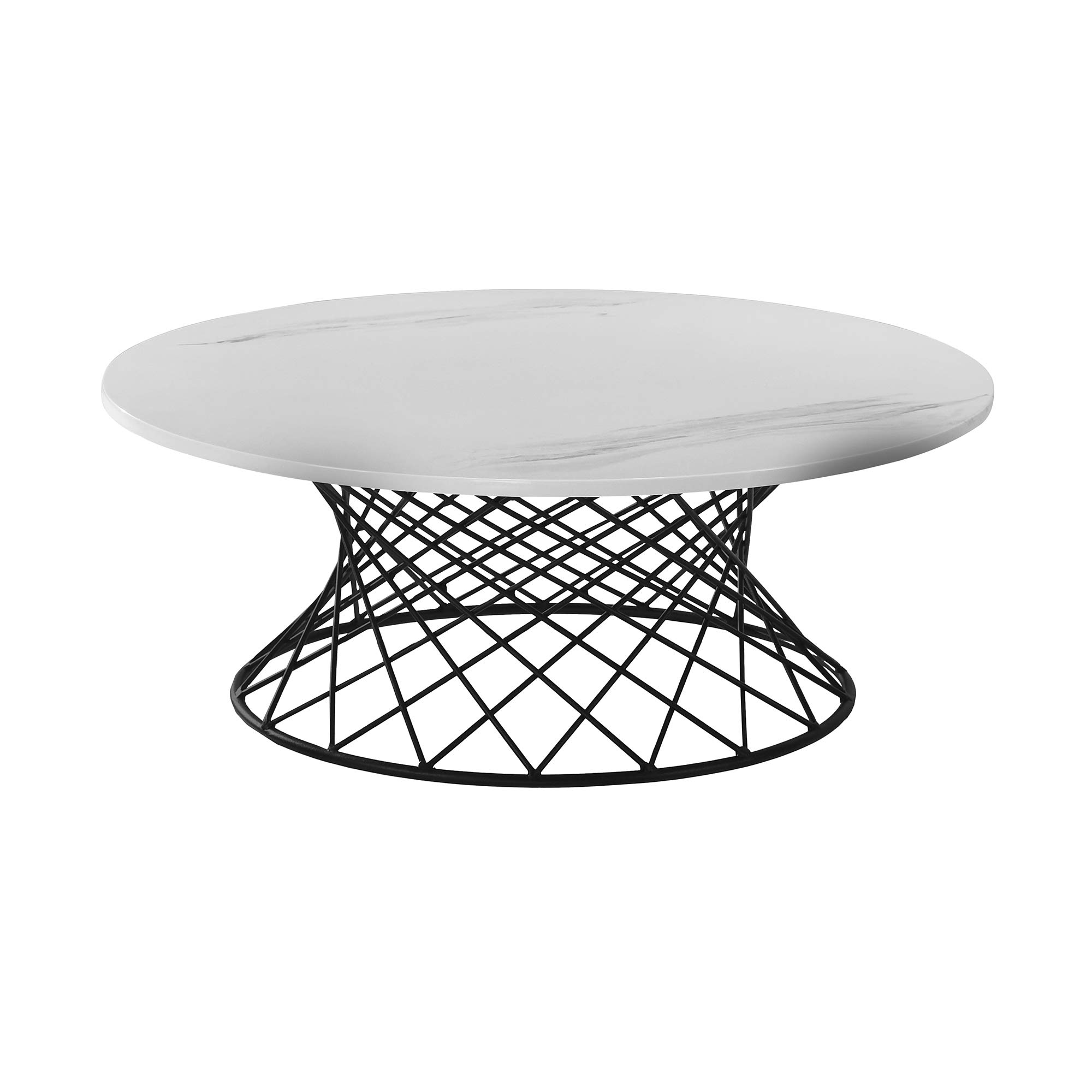 Armen Living Loxley White Marble Coffee Table with Black Metal Base - Modern Living Room Centerpiece for Home Decor