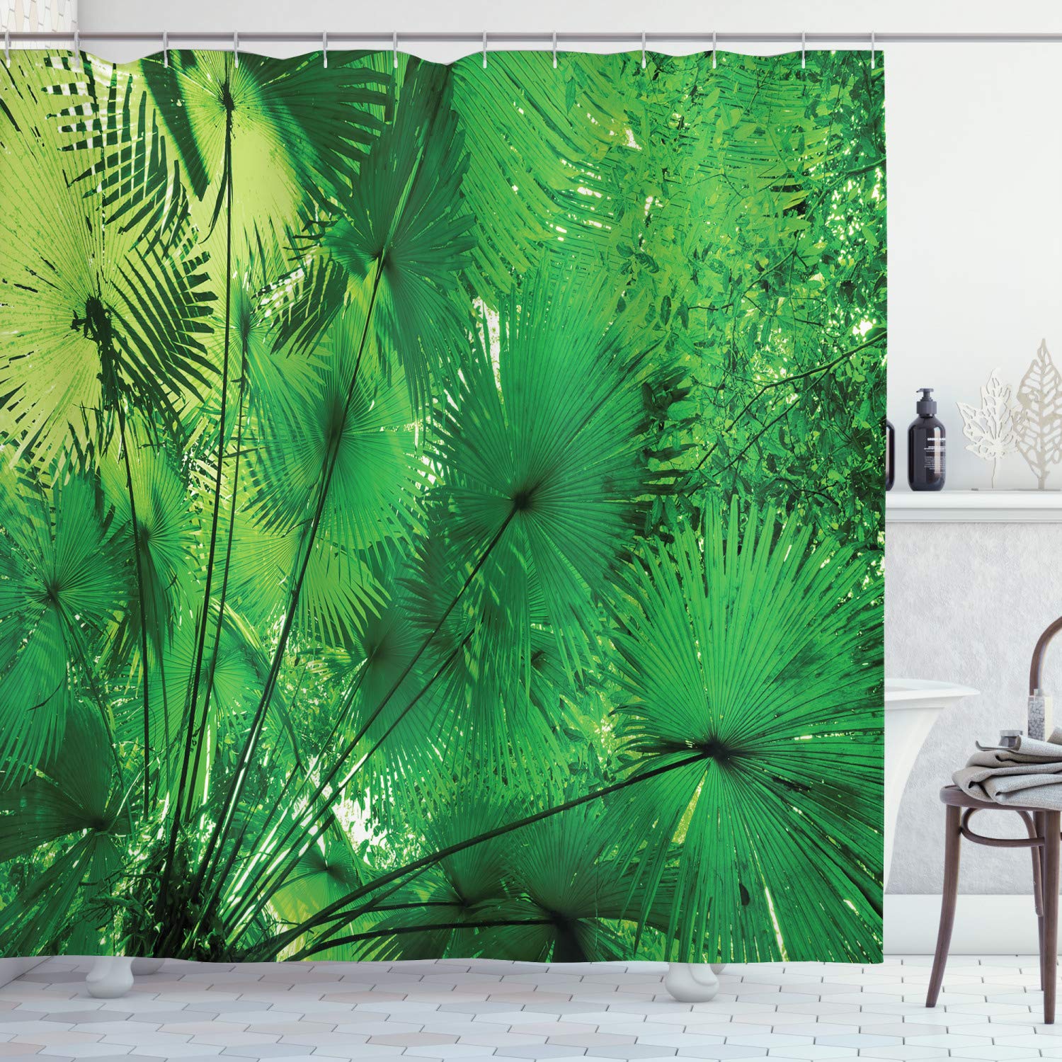 Ambesonne Tropical Rainforest Shower Curtain - Exotic Jungle Plants Green Bathroom Decor with Hooks, 69