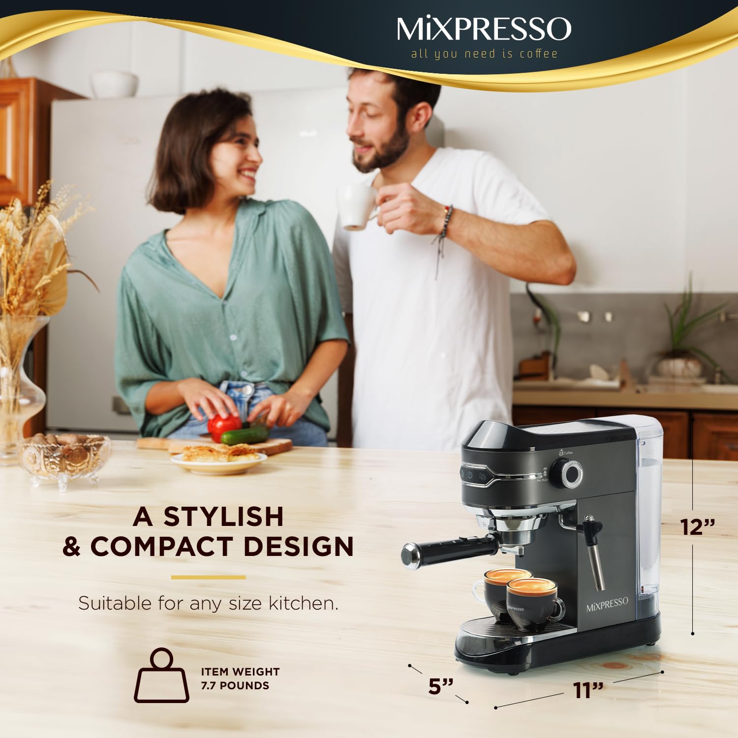 Mixpresso Professional 15 Bar Espresso Machine with Milk Frother - Fast Heating 1450W, Double Cup Splitter & 37Oz Water Tank - Perfect for Home Baristas Making Espresso, Cappuccino & Latte (Ideal for Small Kitchens, Offices & Coffee Enthusiasts)