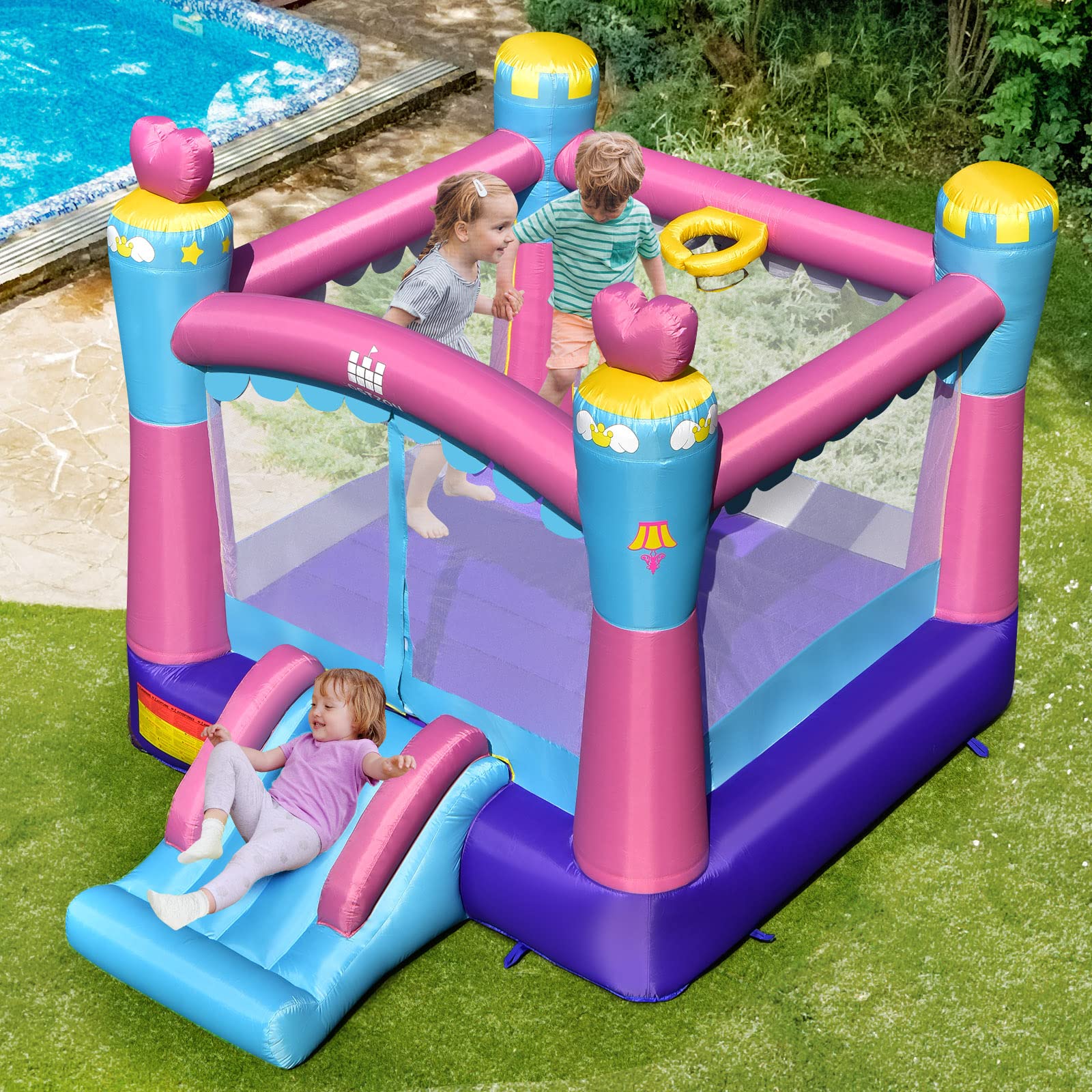 **Costzon Inflatable Bounce House for Kids - Indoor & Outdoor Play with Basketball Rim, 480W Blower - Portable Toddler Bouncy Castle for Backyard, Birthday Parties & Family Fun**    *(Perfect for Birthday Gifts, Outdoor Playdates, and Backyard Entertainment!)*