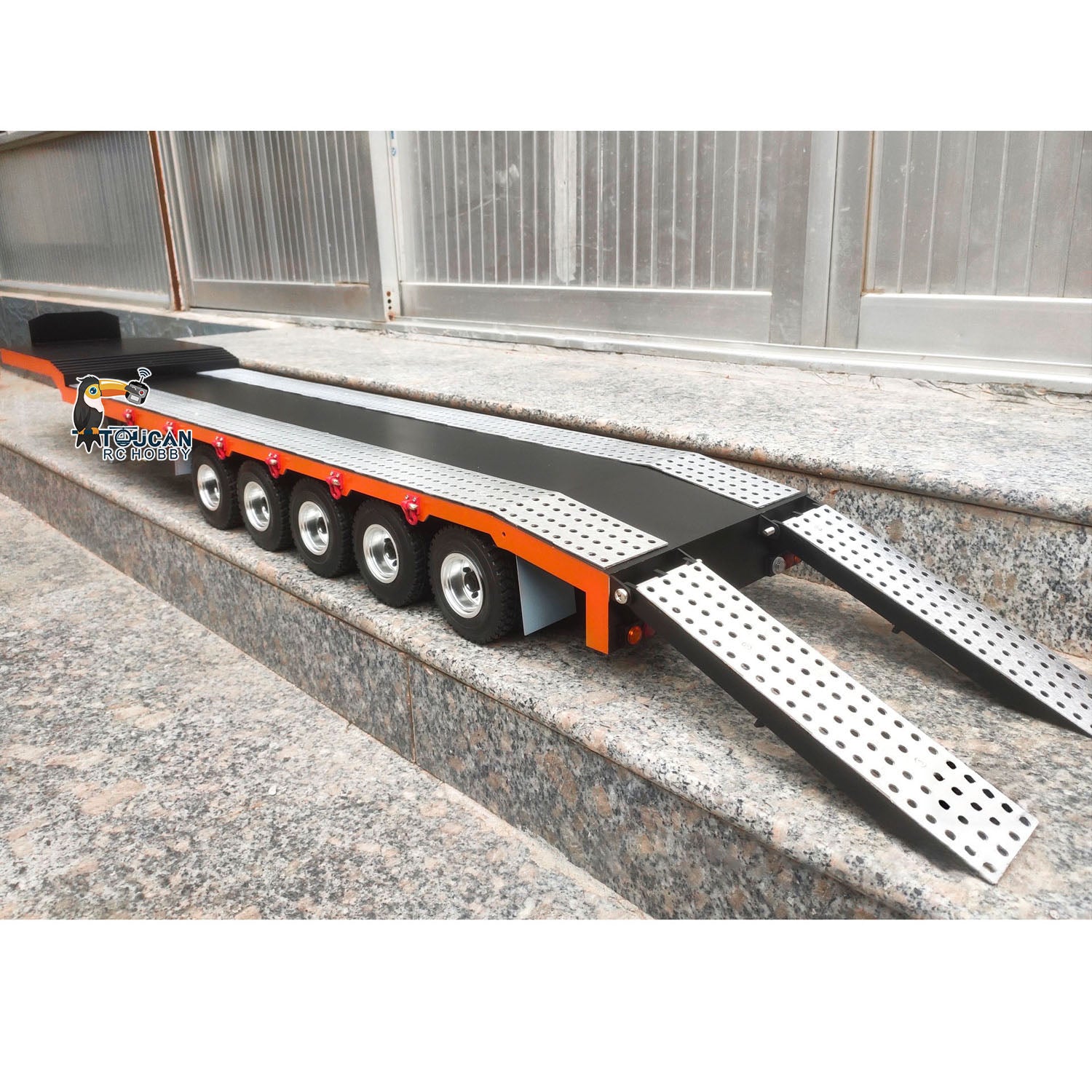 1/14 Scale RC Tractor Metal 5-Axle Trailer with Electric Tailboard & Support Legs - DIY Assembled Hobby Model for Radio Controlled Trucks - Perfect for Off-Road Hauling & Construction Site Simulations