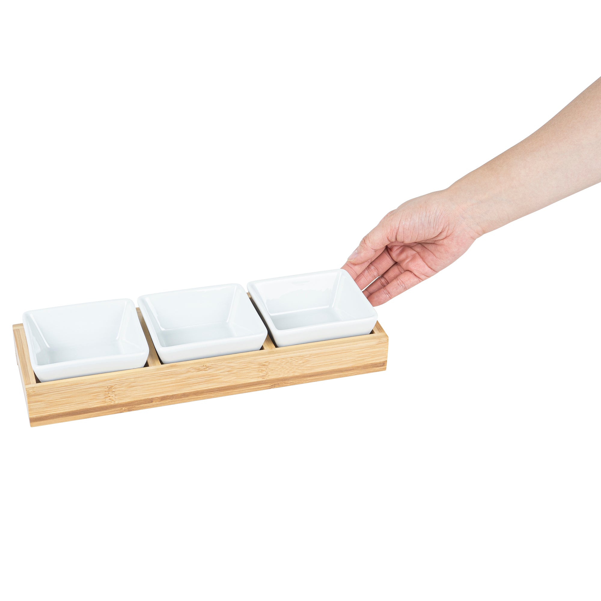 Premium 6 oz White Porcelain Modern Bowl Set with Bamboo Tray - 3 Rectangle Bowls (11.75