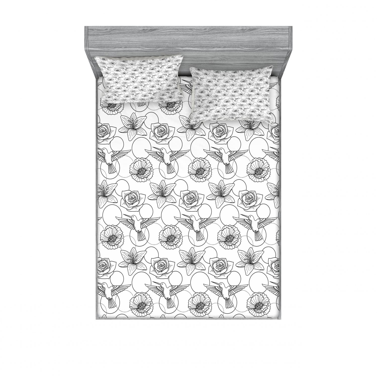Ambesonne Vintage 2-Piece King Size Fitted Sheet Set with 4 Pillow Shams - Hummingbird Floral Design in Charcoal Grey & White | Soft Bedding Collection for Master Bedroom, Guest Room & Vacation Homes