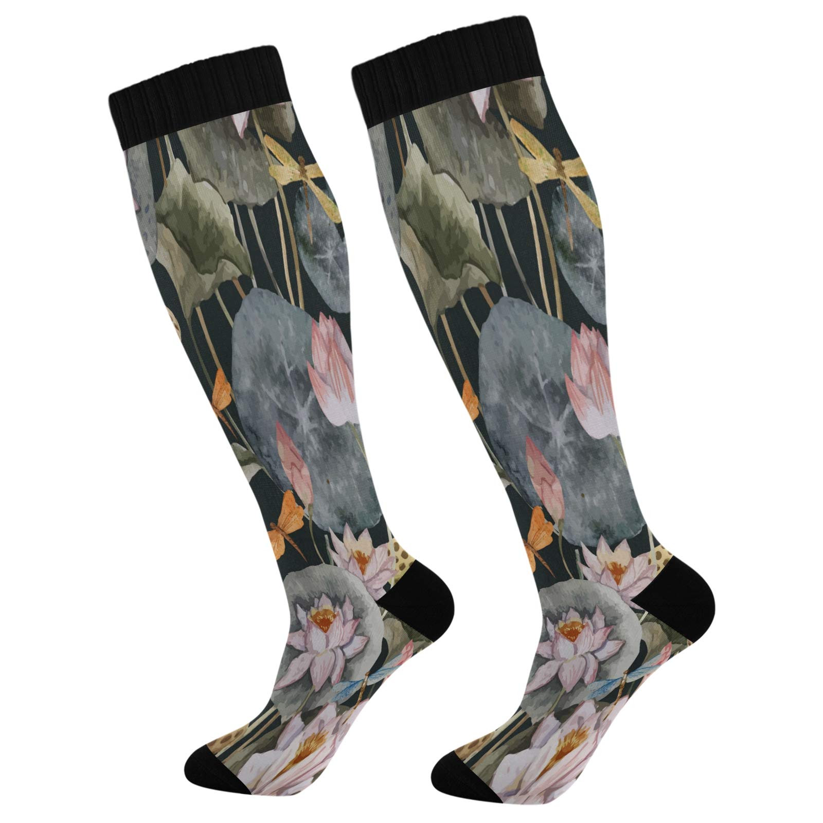 Vintage Floral Compression Socks for Men & Women - Knee High Athletic Support Stockings with Lotus & Dragonfly Design - Ideal for Running, Cycling, Travel & Work (1 Pair)