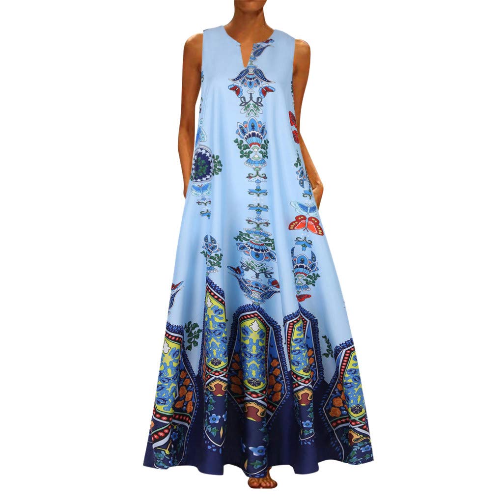 Women's Vintage Floral Print Summer Casual V-Neck Sleeveless Maxi Sundress - Perfect for Beach Vacations, Garden Parties & Summer Outings | Hotkey A-49