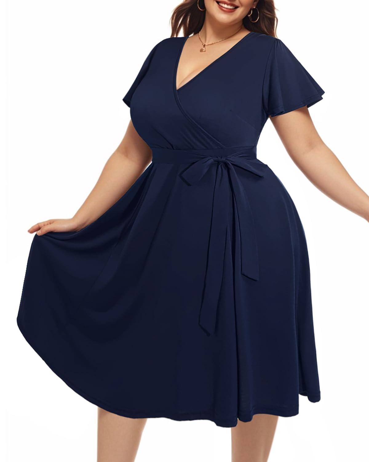 Plus Size Women's Pinup Fashion Wrap Dress - Empire Waist Semi-Formal Cocktail Midi Dress for Wedding Guest, Date Night & Special Occasions