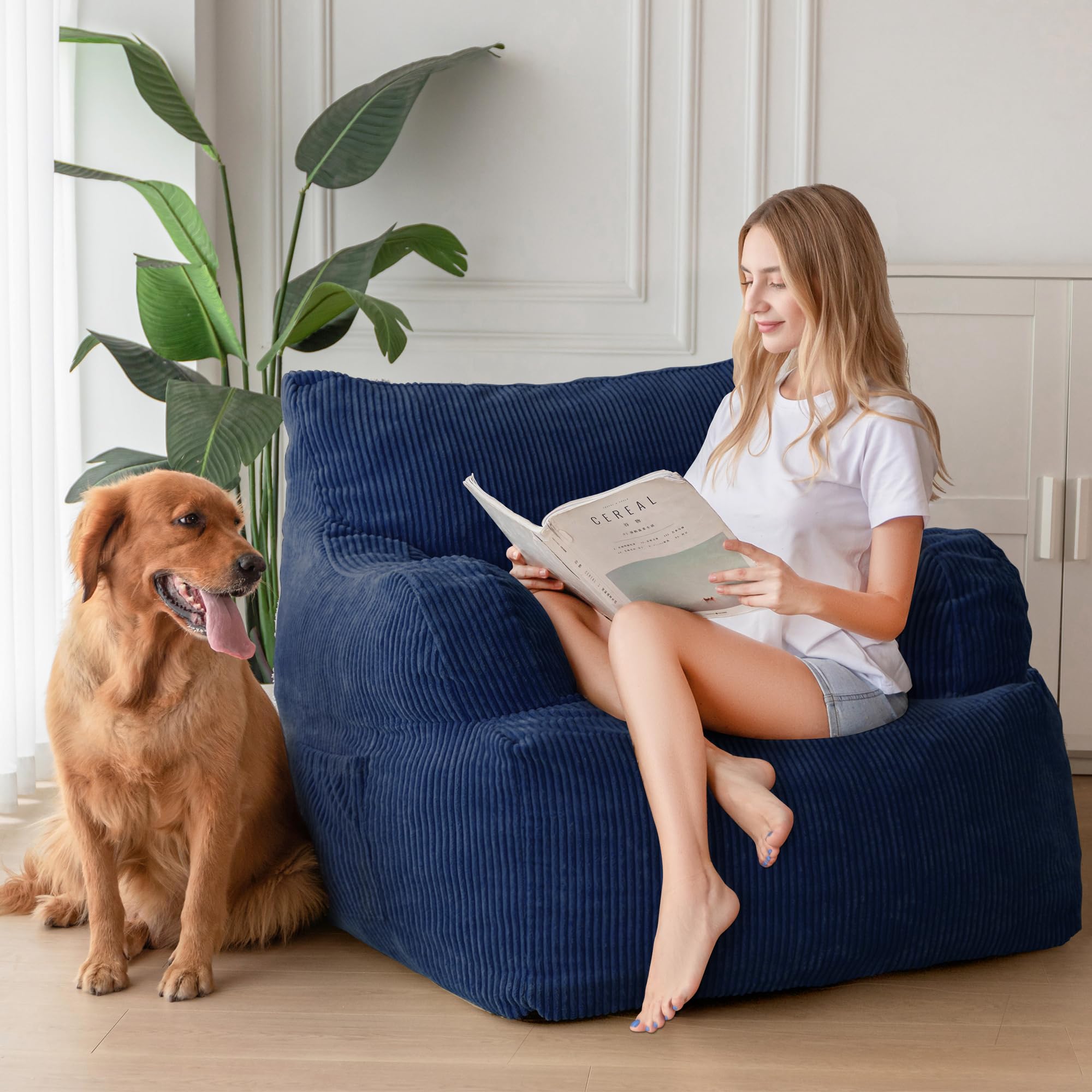 MAXYOYO Giant Bean Bag Chair - Oversized Stuffed Bean Bag Couch for Living Room, Bedroom & Game Room - Navy Blue Comfortable Lounge Seating for Adults & Teens