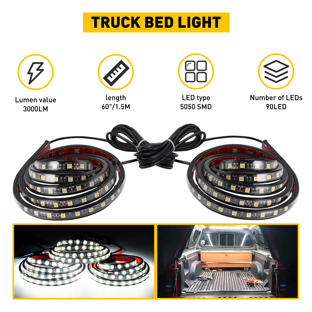 60-Inch Universal LED Truck Bed Lights Kit - 2Pcs White Light with On/Off Switch - Waterproof for Pickup Trucks, Trailers & Off-Road Vehicles - Perfect for Camping, Work Lighting & Nighttime Visibility