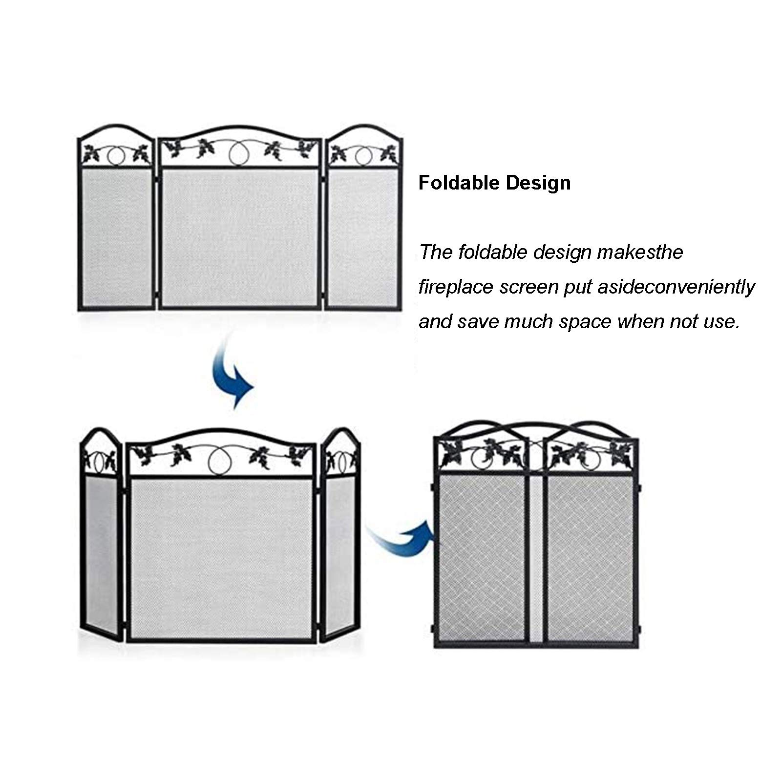3-Panel Black Metal Fireplace Screen - Freestanding Fire Guard with Mesh for Child & Pet Safety - Perfect for Living Rooms, Bedrooms, and Fireplace Safety Protection