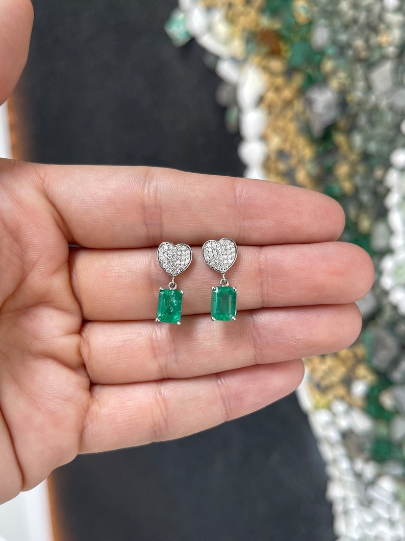 3.20tcw 14K Gold Natural Rich Medium Green Emerald & Diamond Heart Cluster Dangle Earrings for Women - Elegant Wedding, Party & Evening Wear Jewelry Gift