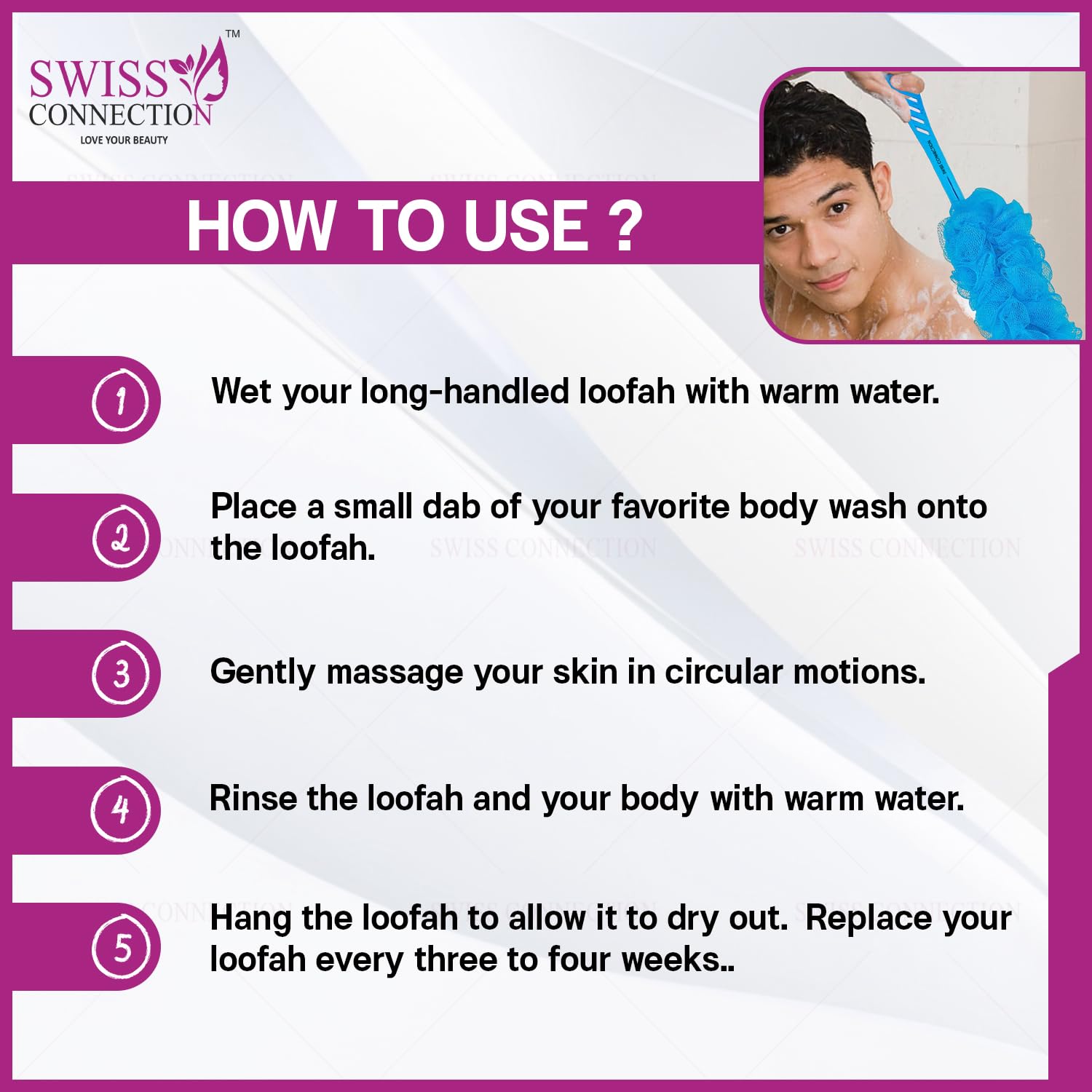 Swiss Connection Long Handle Loofah Back Scrubber - Gentle Exfoliating & Efficient Cleaning Bath Sponge for Men & Women - Easy to Clean, Multi-Color (Pack of 2) - Perfect for Shower, Spa, and Daily Body Care Routine