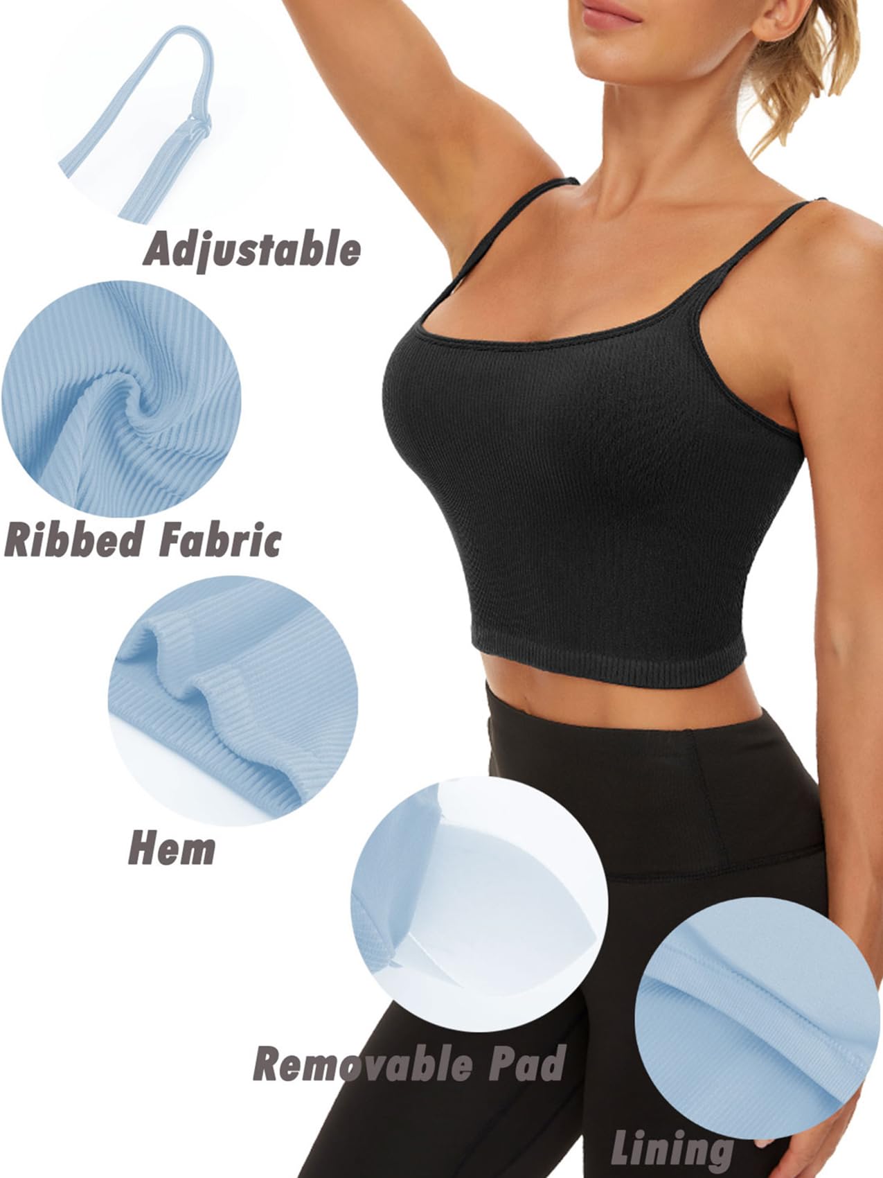 Chilylori Seamless Sports Bra & Cropped Tank Top 2-Pack - Adjustable Straps, Ribbed Workout Tops for Women | Yoga, Gym, Running & Fitness Activities