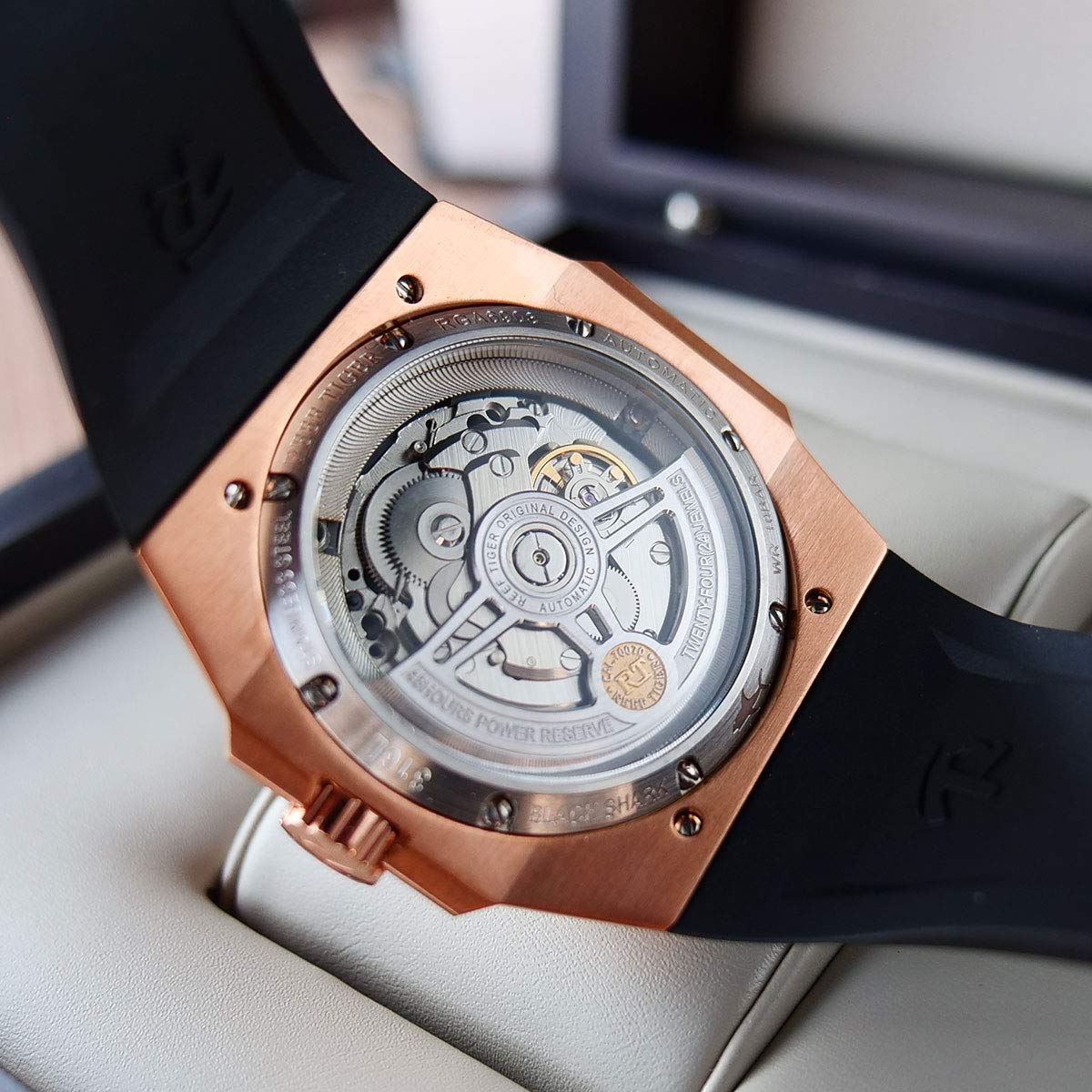 REEF TIGER Men's Skeleton Automatic Diving Watch - Military Style Mechanical Watch with Leather Strap RGA6903-S - Perfect for Scuba Diving, Outdoor Adventures & Formal Occasions