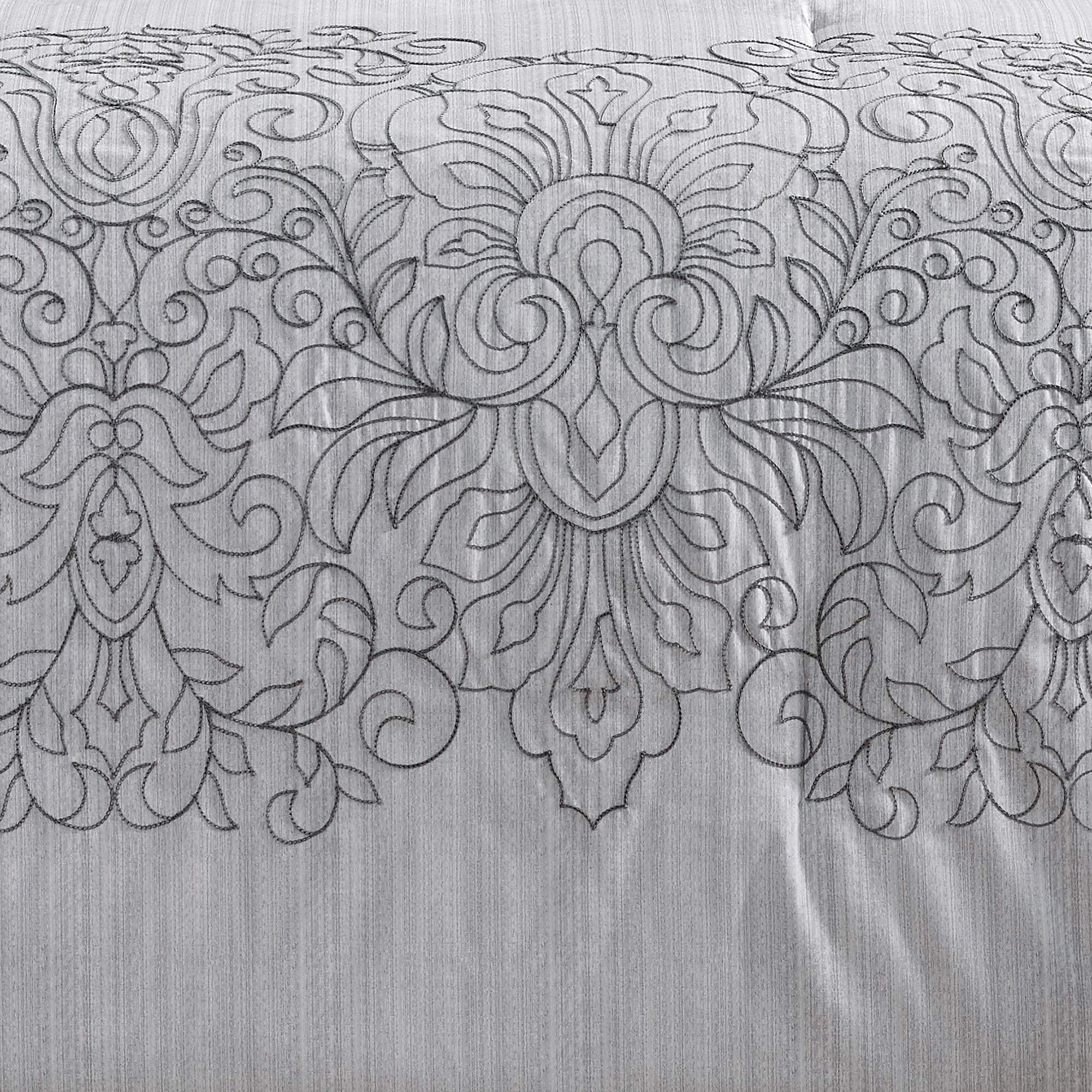 Luxury 8-Piece Linen Comforter Set Full/Queen - Modern Light Gray Damask Pattern with Shams, Cushions & Throw | Bed in a Bag | Soft & Breathable for All-Season Comfort | Perfect for Master Bedroom, Guest Room, or Airbnb Styling
