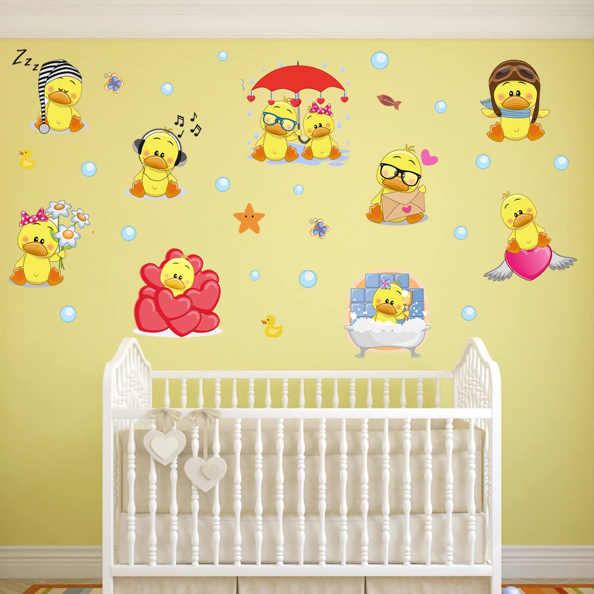 WOYINIS Cute Yellow Duck Wall Decals - Peel & Stick Removable Duck with Bubbles Sticker Set for DIY Kids Room, Playroom & Bathroom Decor - Perfect for Summer Nursery Wall Art and Baby Shower Decorations