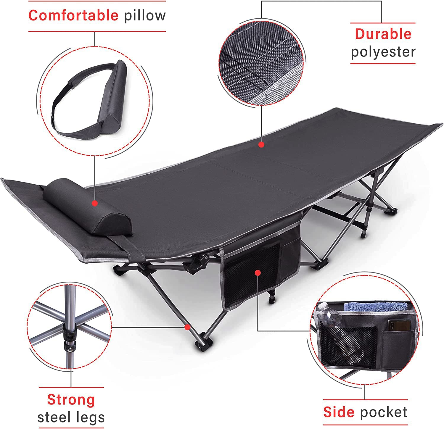 VaygWay Lightweight Folding Camping Cot - Portable Heavy Duty Travel Bed for Adults & Kids with Storage Pocket - Grey Compact Sleeping Cot for Outdoor Hiking, Backpacking, Beach Trips and Emergency Preparedness (1 Pack)