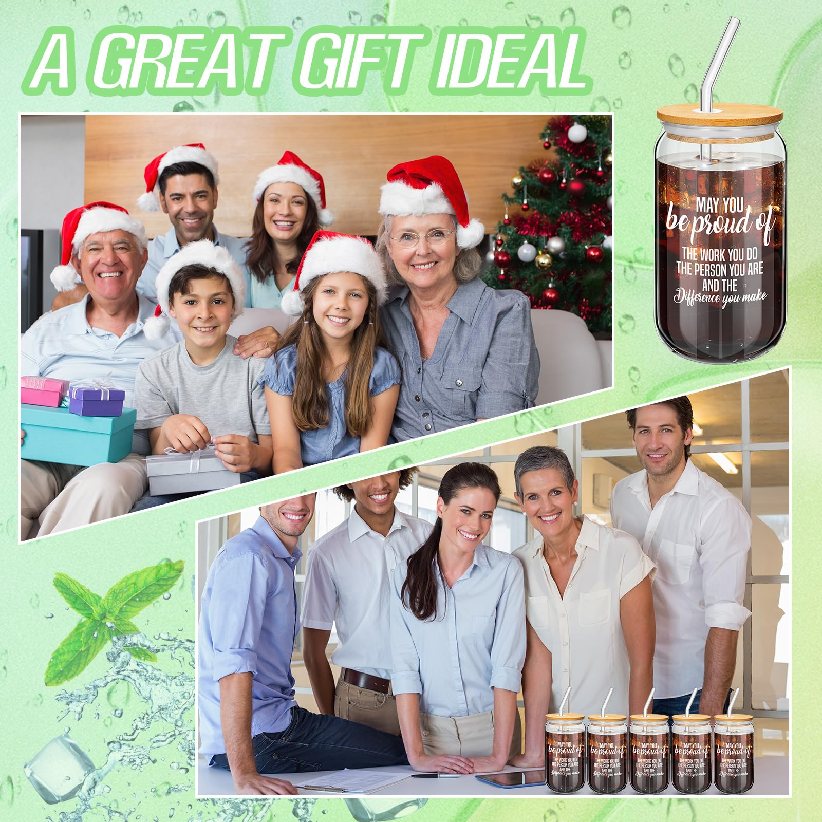 24 Pack 16oz Inspirational Glass Cups with Bamboo Lids & Straws - Bulk Thank You Gifts for Employees, Coworkers, Birthday, Christmas, Thanksgiving - Perfect for Office Appreciation, Parties, and Daily Motivational Drinking