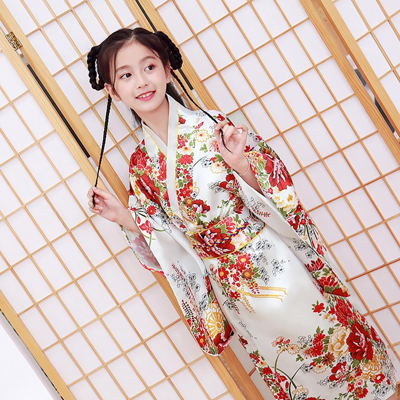 Japanese Traditional Long Sleeve Kimono Robe for Toddler Girls (White, Age 9-10) - Elegant Kids Kimono Dress for Tea Ceremonies, Cultural Events & Special Occasions