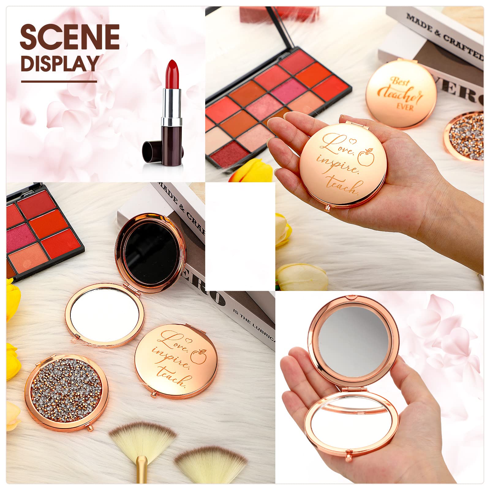 6 Pcs Inspirational Diamond Compact Mirror - Teacher Appreciation Gifts for Women, Travel & Makeup Use