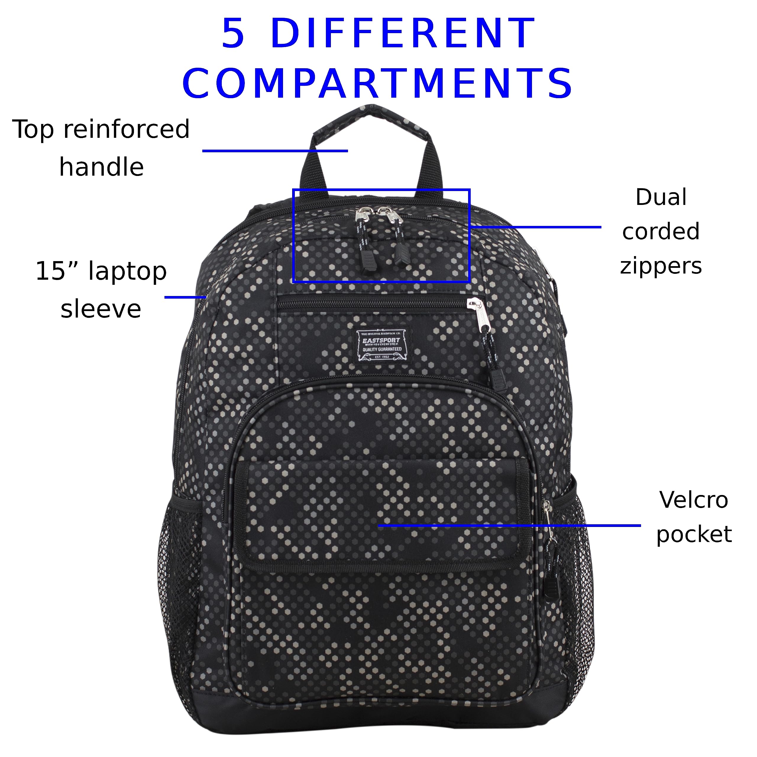 **EastSport Travel Laptop Backpack - Large Carry-On Weekender Bag for Work, Gym & Hiking - Black Hexagon Dotted Print - Perfect for Business Trips, Commuting & Outdoor Adventures**