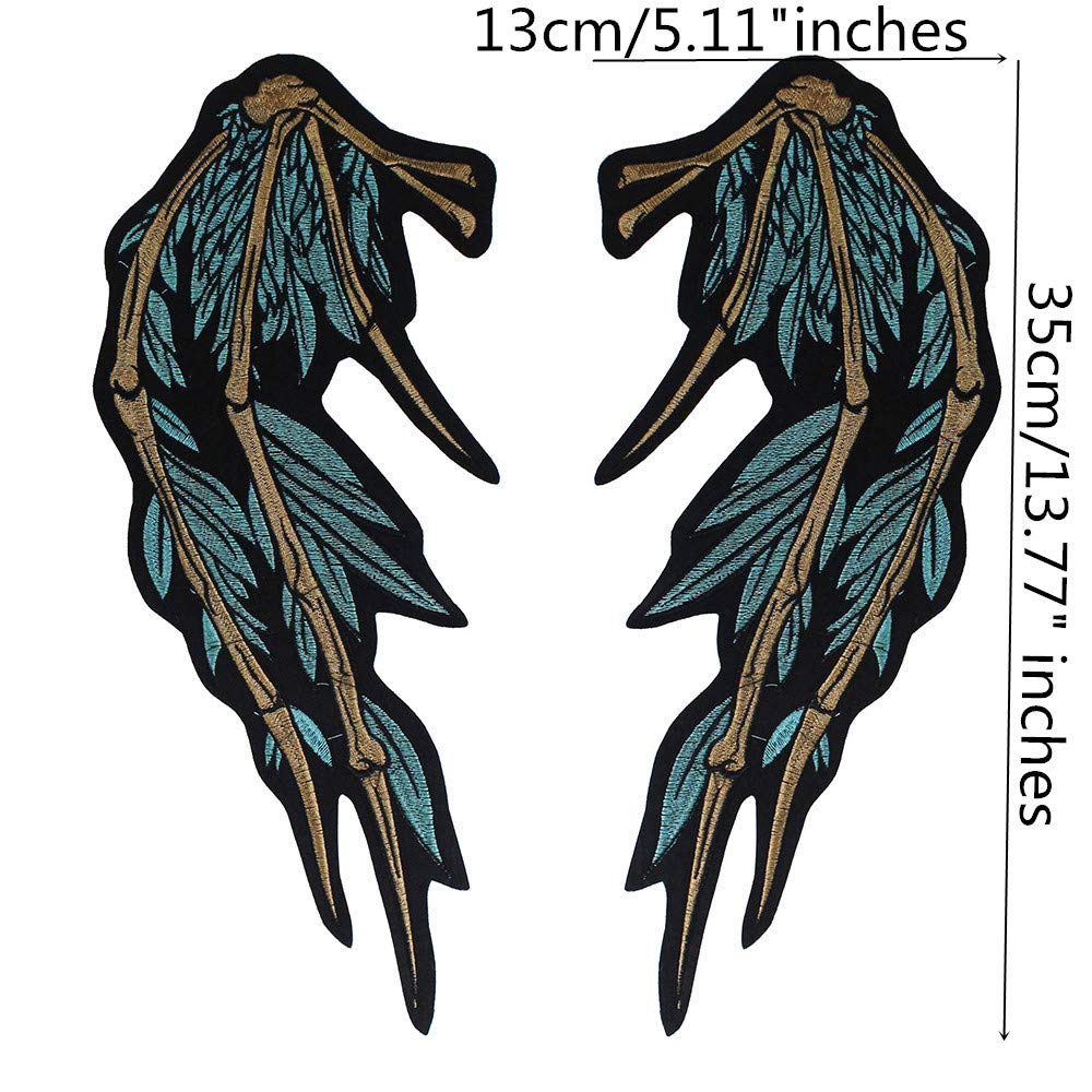1 Pair Green Silver 3D Feather Wing Iron-On Patches for Sweaters, Jackets & Clothes - DIY Applique Stickers for Wedding Costumes, Cosplay & Fashion Upgrades