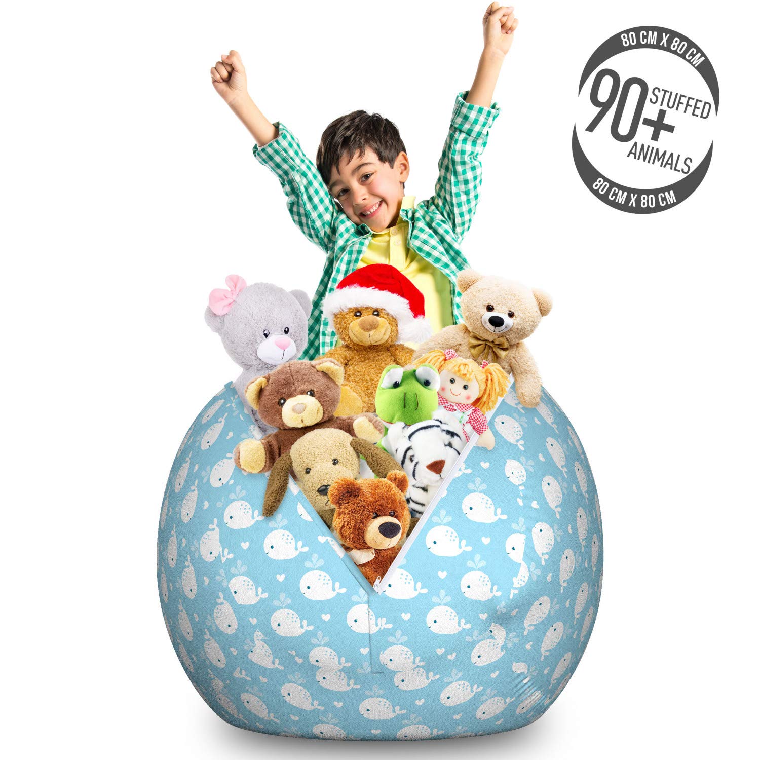 Ambesonne Whale Plush Toy Storage Bag Chair - Large Pale Blue & White Washable Organizer for Stuffed Animals | Marine Animal Theme with Water Splash & Hearts Design | Perfect for Kids' Room, Nursery, or Playroom Organization