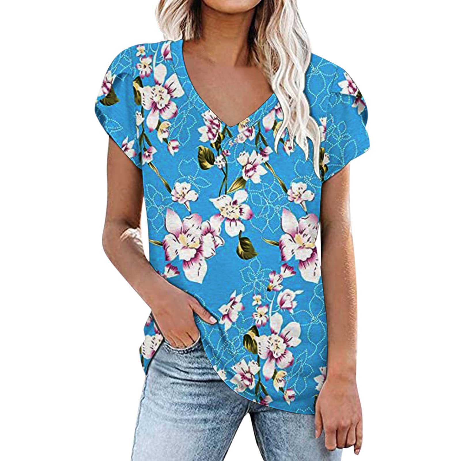 Women's Floral Print V-Neck Casual T-Shirt - Summer Short Sleeve Blouse with Petal Sleeve Design for Daily Wear, Outings & Vacation Outfits