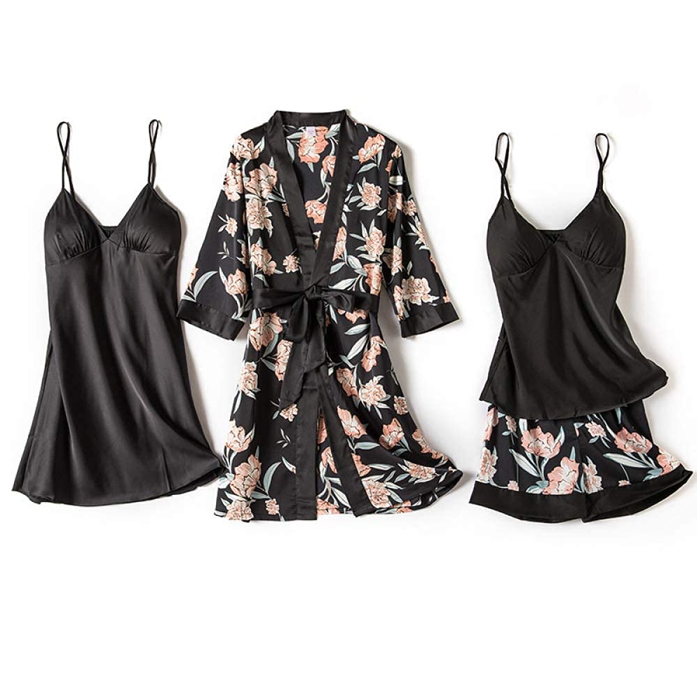 FMOGG Women's 4-Piece Silk Pajama Set - Sexy Long Sleeve Nightwear with Built-in Chest Pads | Soft & Comfortable Loungewear for Sleep, Relaxation & Romantic Nights