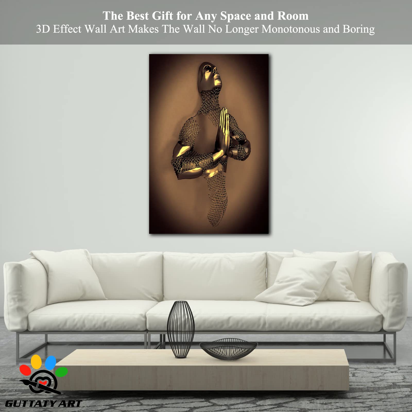 3D Metal Heart Gray Gold Wall Art - Modern Canvas Painting for Living Room & Bedroom Decor - Yoga Pose & Valentine's Day Gift for Couples - 28x40 Inches - Perfect for Home, Office & Meditation Spaces