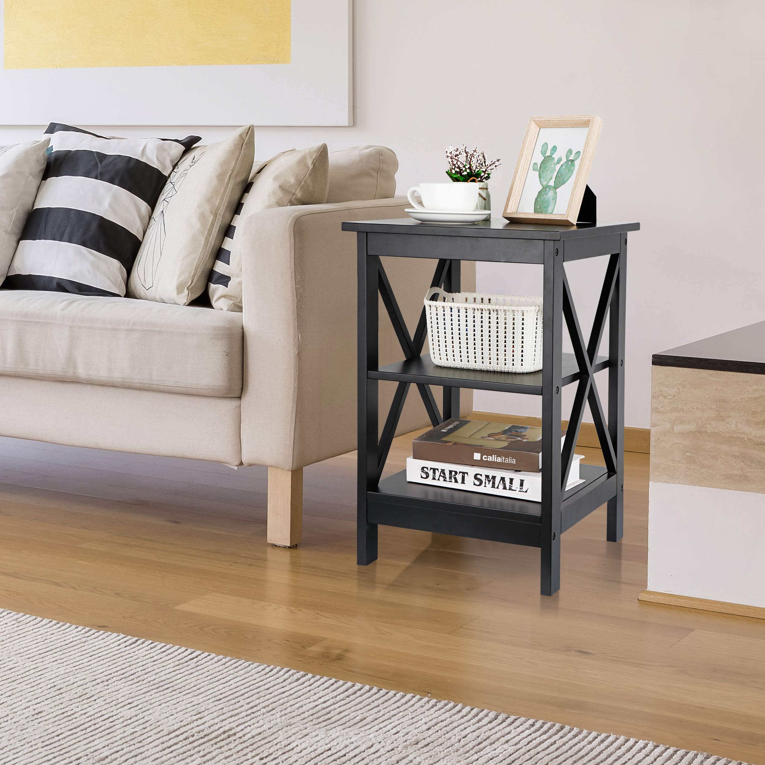 3-Tier Wooden X-Design End Table with Storage Shelves - Living Room Side Table, Bedroom Nightstand, Office & Yard Furniture for Home Decor