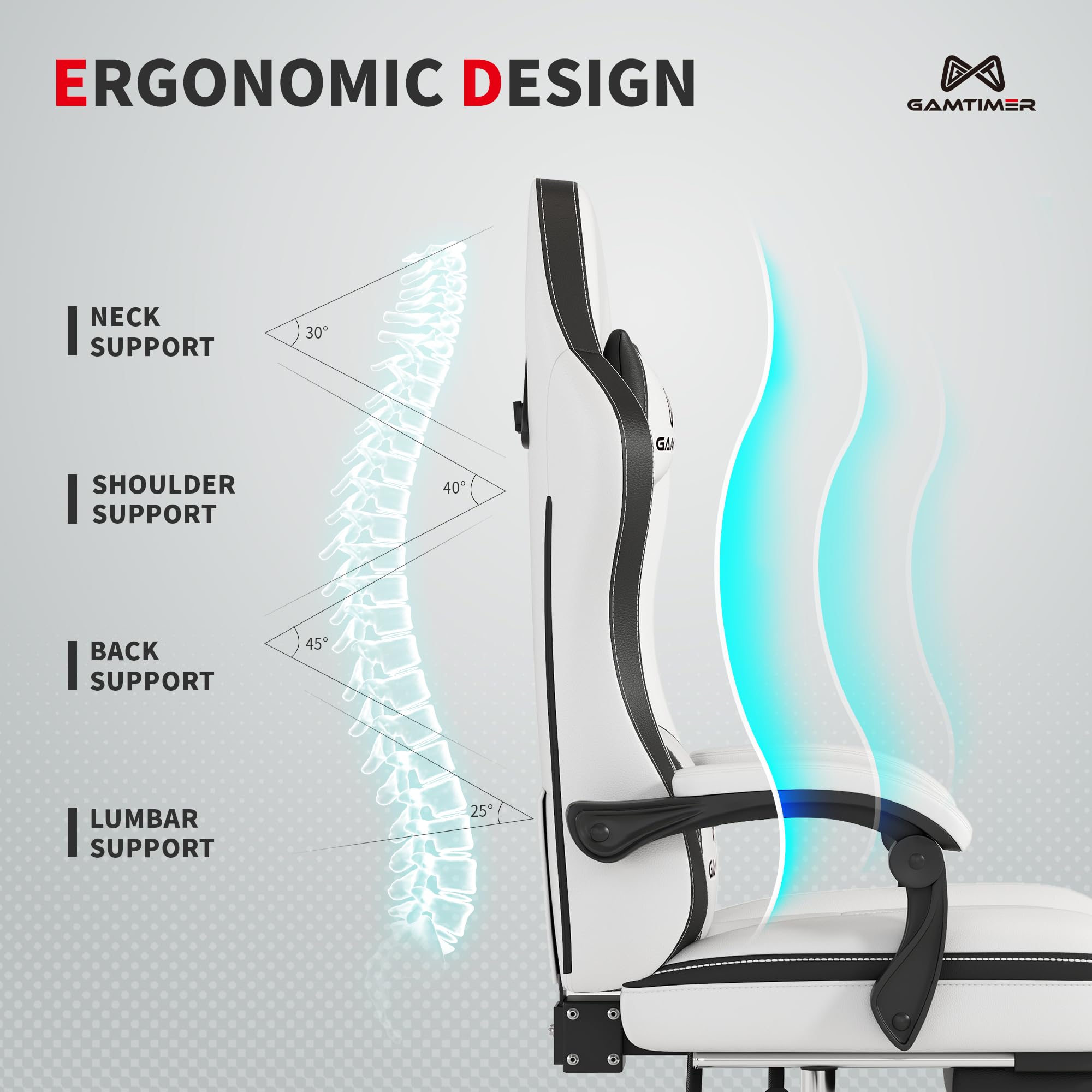 Ergonomic Gaming Chair with Adjustable Footrest & Lumbar Support - Breathable PU Leather Computer Desk Chair with Headrest - Comfortable Office & Video Game Chair for Adults & Gamers (White) - Perfect for Esports, Streaming & Home Office Workspace