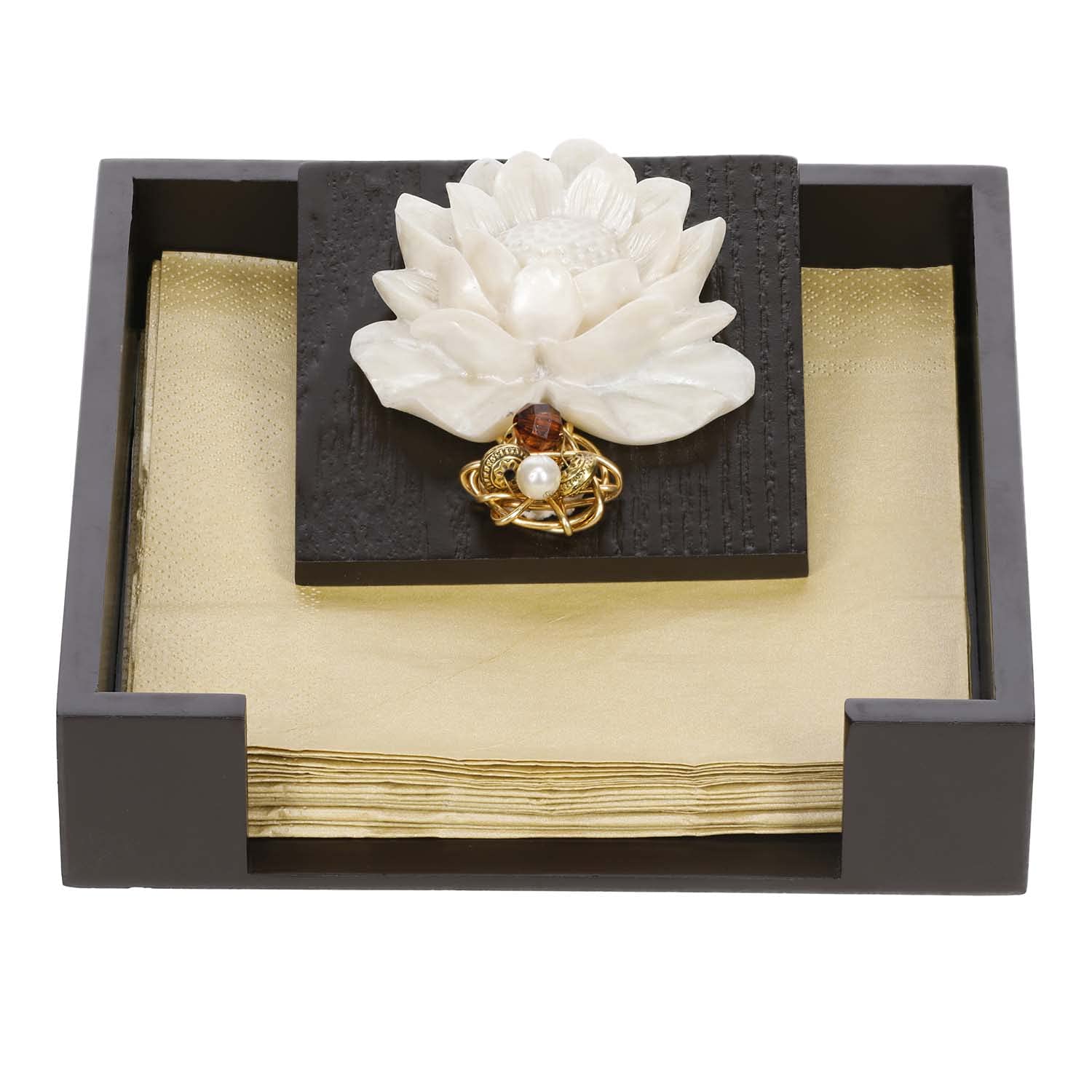 Wooden MDF Flat Napkin Holder for Dining Table - Weighted Flap Cocktail Tissue Paper Stand, Stylish Lotus Design for Home, Restaurant & Party Decor
