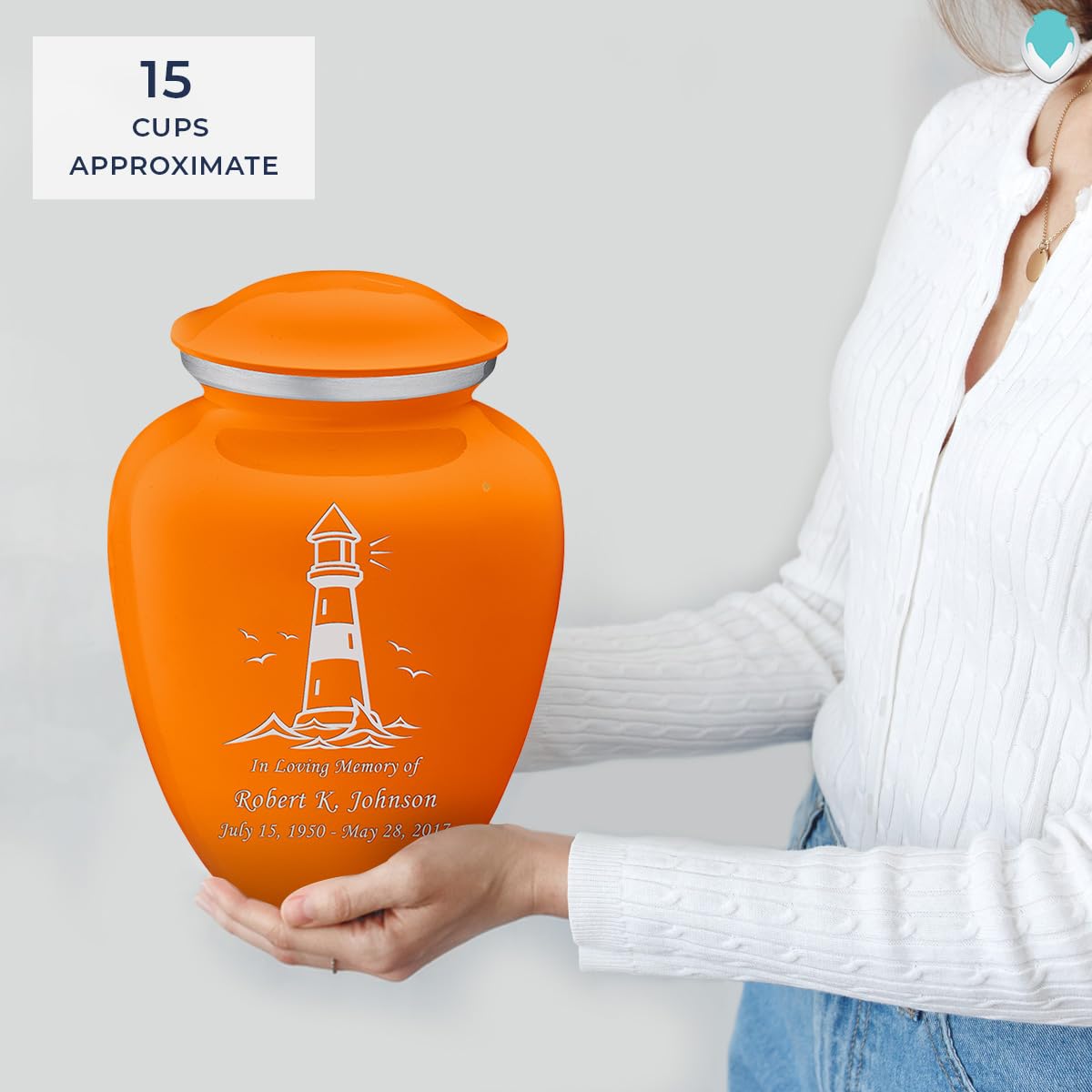Personalized Lighthouse Cremation Urn for Human Ashes - Large Burnt Orange Funeral Urn for Adults with Double Side Engraving (Holds 200 lbs) - Perfect for Memorial Services, Home Display & Honoring Loved Ones