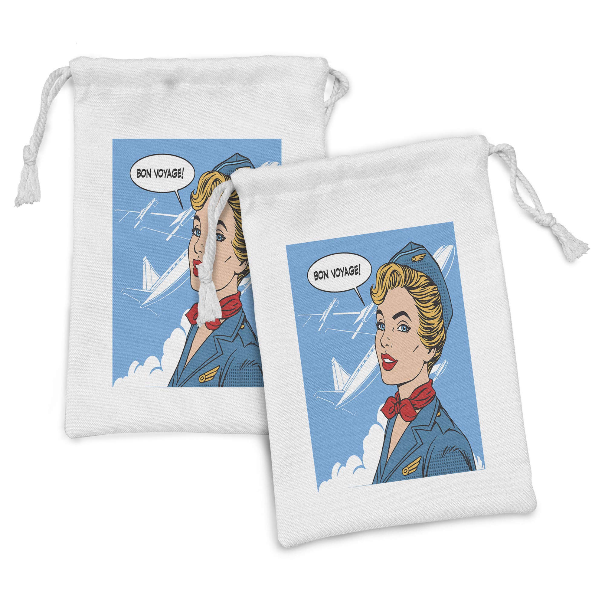Ambesonne Travel Fabric Pouch Set of 2 - Retro Aviation Themed Drawstring Bags for Toiletries, Masks & Travel Essentials, 9
