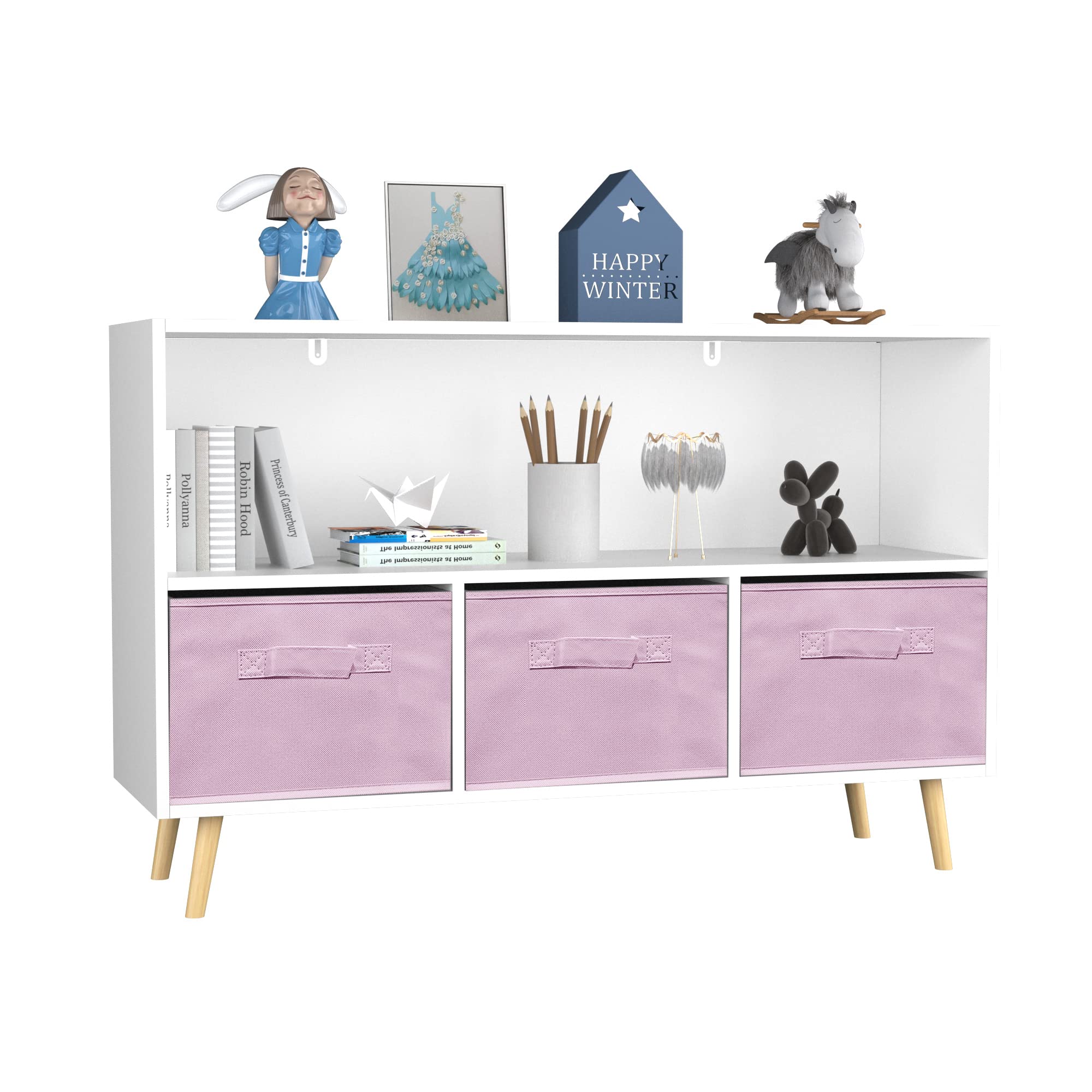 FAMIKITO Kids Toy Storage Organizer with Fabric Bins & Pine Legs - White/Pink Bookcase Cabinet for Playroom, Bedroom, Nursery | Perfect for Organizing Toys, Books & Kids' Essentials