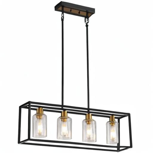 EMONG 4-Light Black and Gold Rectangular Chandelier - Adjustable Height Dining Room Pendant Light with Clear Glass Shade for Kitchen Island, Dining Table & Breakfast Nook Lighting