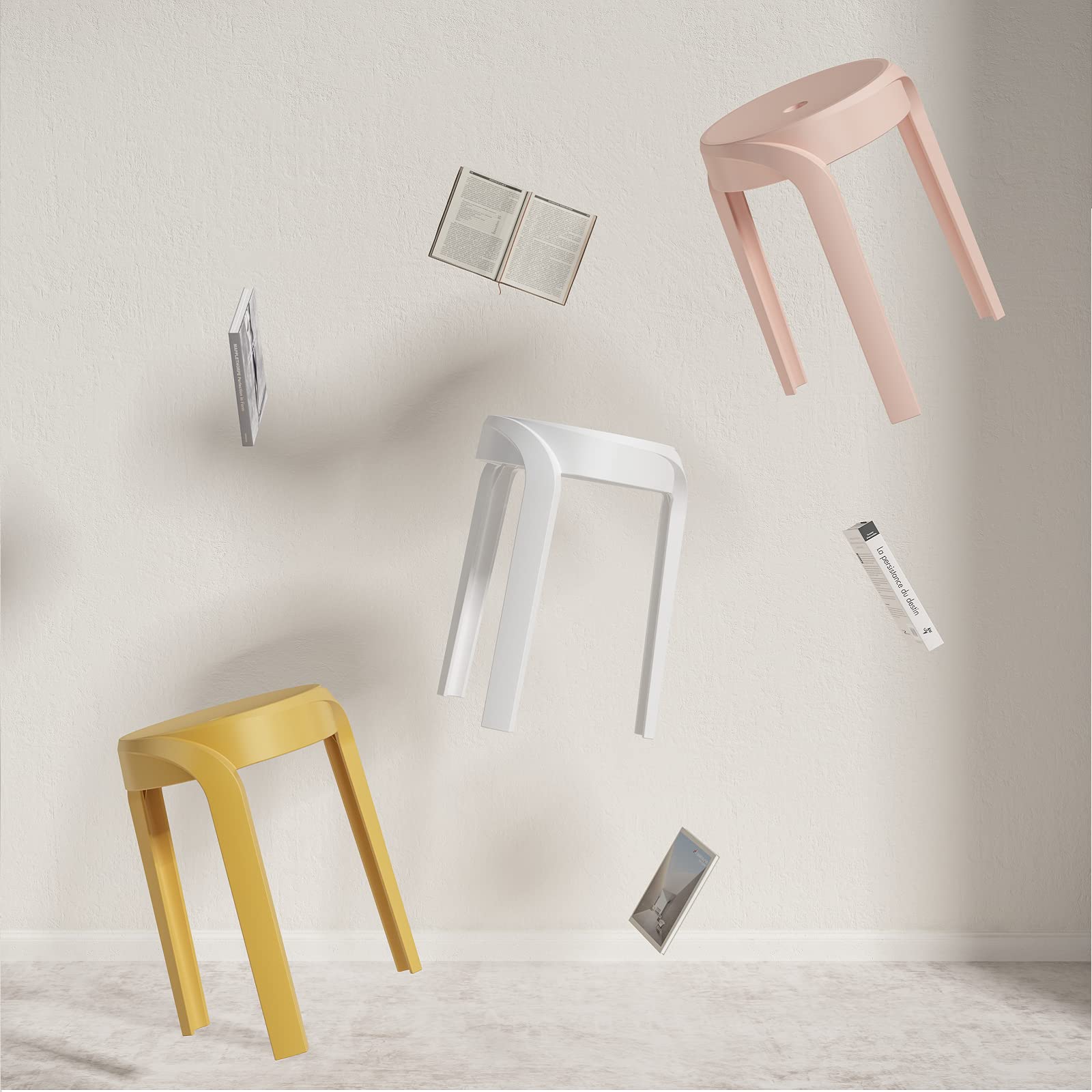 17.7 Inch Modern Plastic Stool Set of 4 - Round Stackable Chairs with Unique Whirl Design - Waterproof Indoor/Outdoor Use for Home, Office, Classroom, Shower - Perfect for Patio, Garden, Poolside & Small Spaces (Grey)