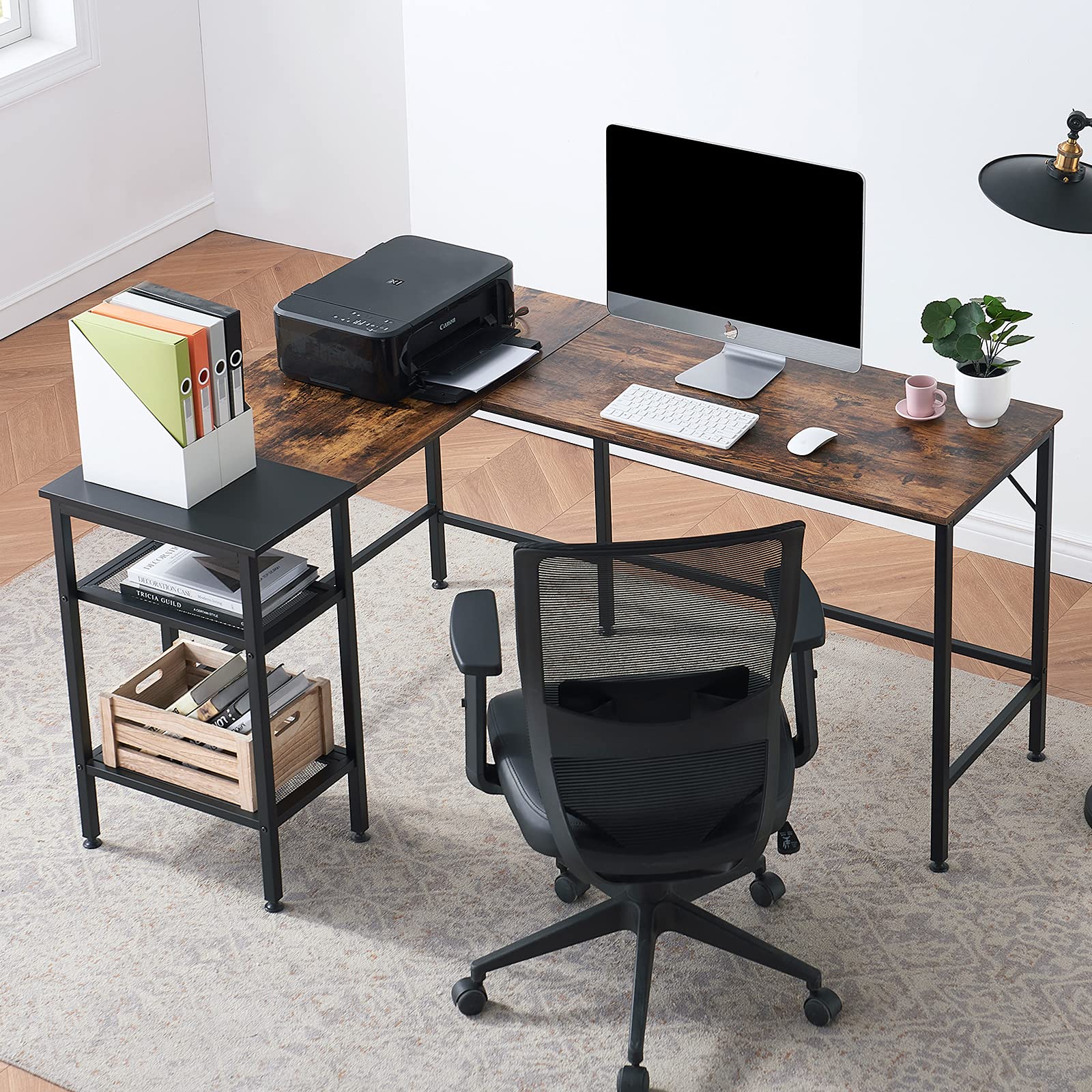 Reversible L-Shaped Computer Desk 59 Inch, Rustic Corner Desk with Storage Shelves & Movable Shelf - Home Office Workstation for Small Spaces, Gaming & Study Setup