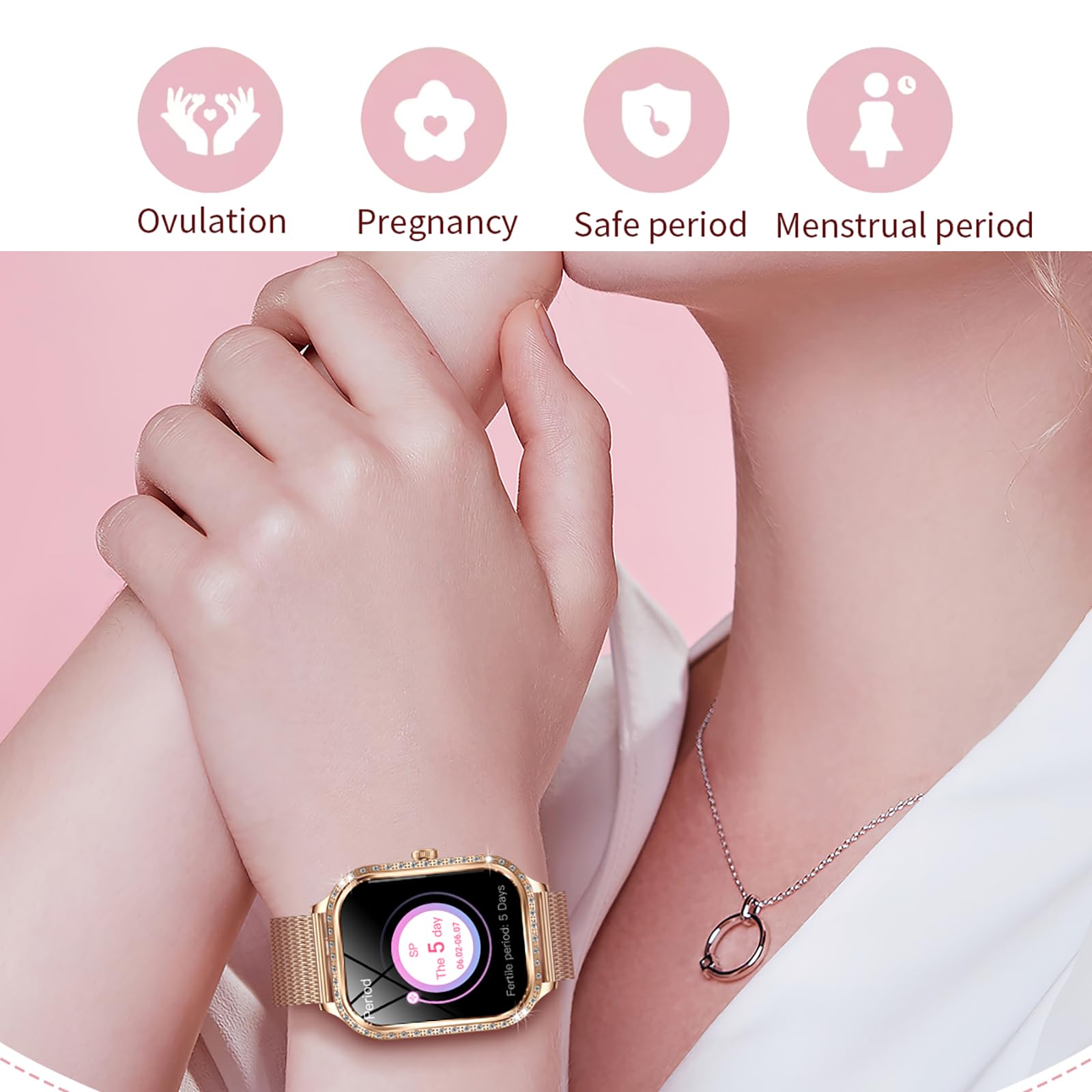 Luxury Diamond Smart Watch for Women - Gold Designer Fitness Tracker with Call Function, Heart Rate & Sleep Monitor, IP68 Waterproof - Perfect for Workouts, Office & Everyday Wear