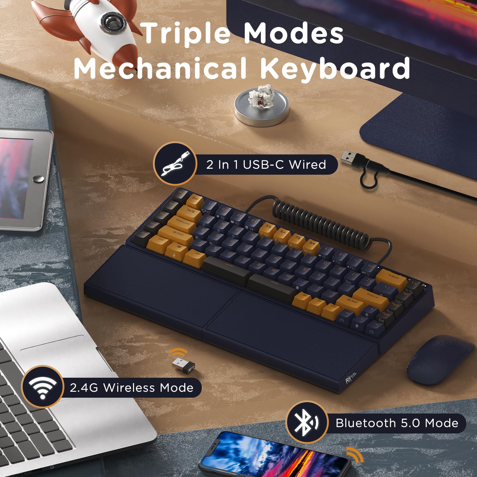 RK RKS70 Wireless Ergonomic Gaming Keyboard - RGB Mechanical, Hot-Swappable for Win/Mac, Perfect for Office & Gaming