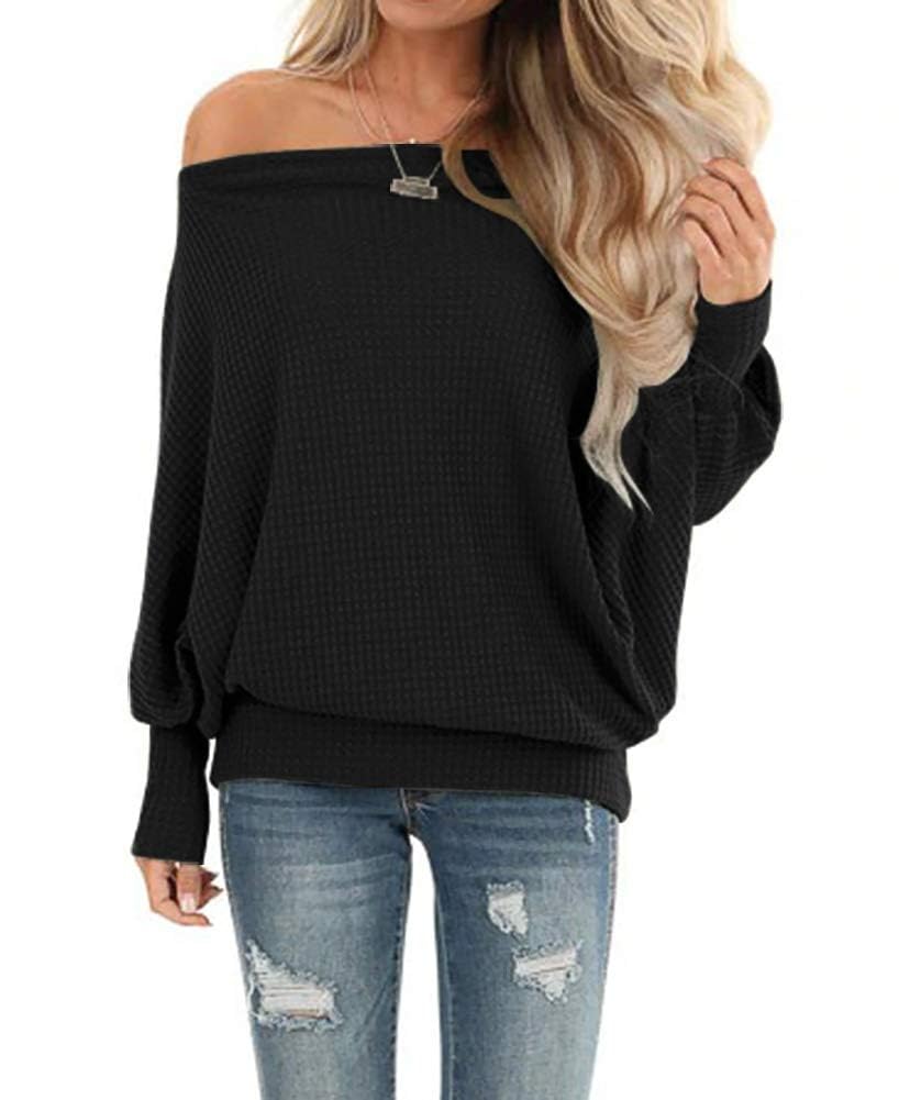Lacozy Women's Off The Shoulder Waffle Knit Oversized Sweatshirt - Long Sleeve Tunic Pullover Sweater for Casual Wear, Date Night & Fall Layering