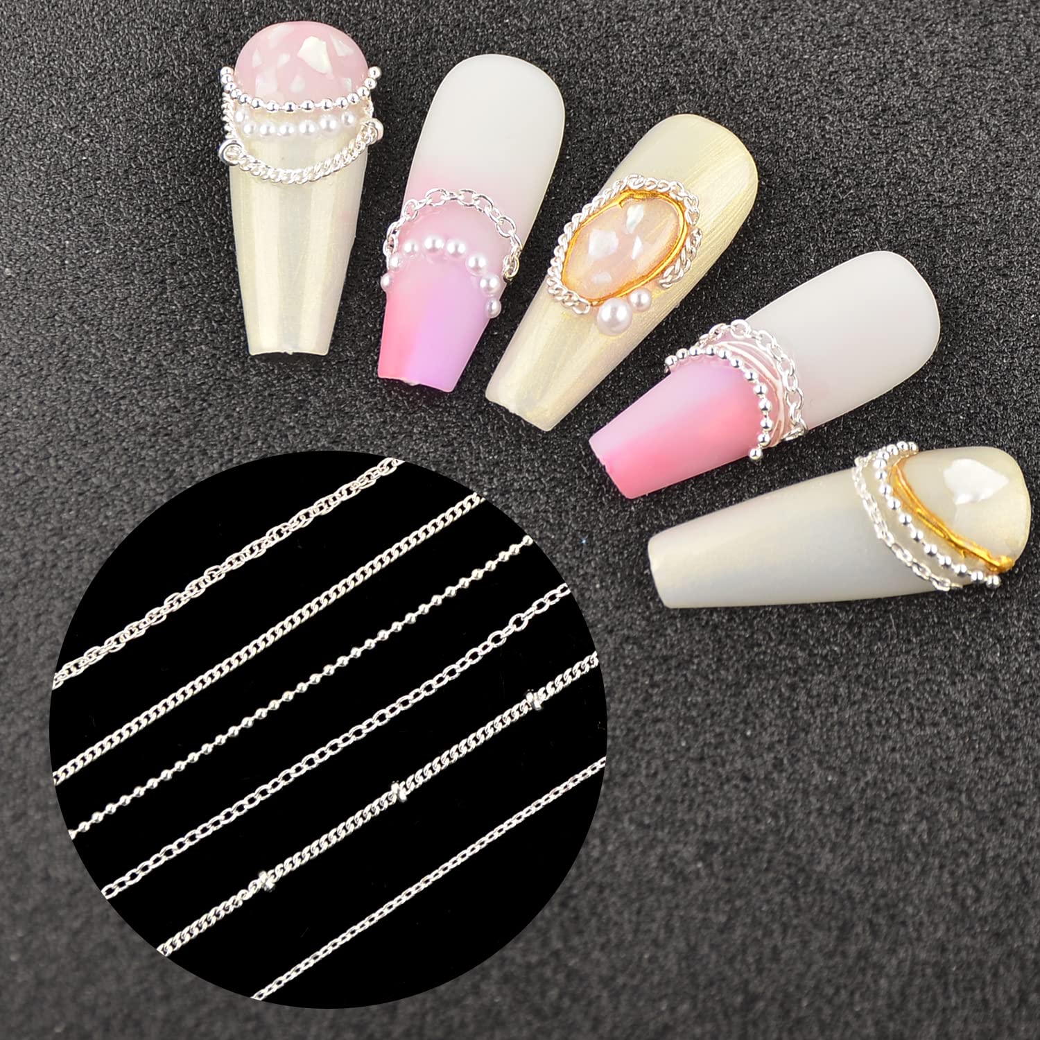 6 Strips 3D Metal Nail Art Chains - Silver Punk Nail Studs & Beads for Nail Decoration | DIY Manicure Jewelry Accessories for Punk, Gothic & Festival Nail Art Designs